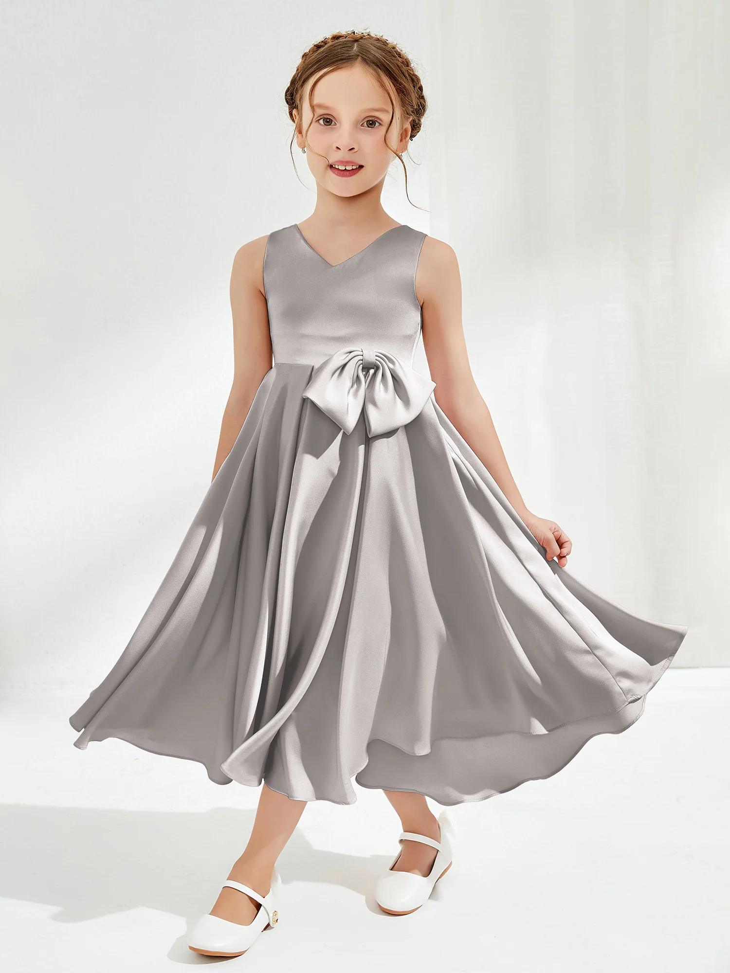V-Neck Acetate Satin Girl's Dress with Bow Silver