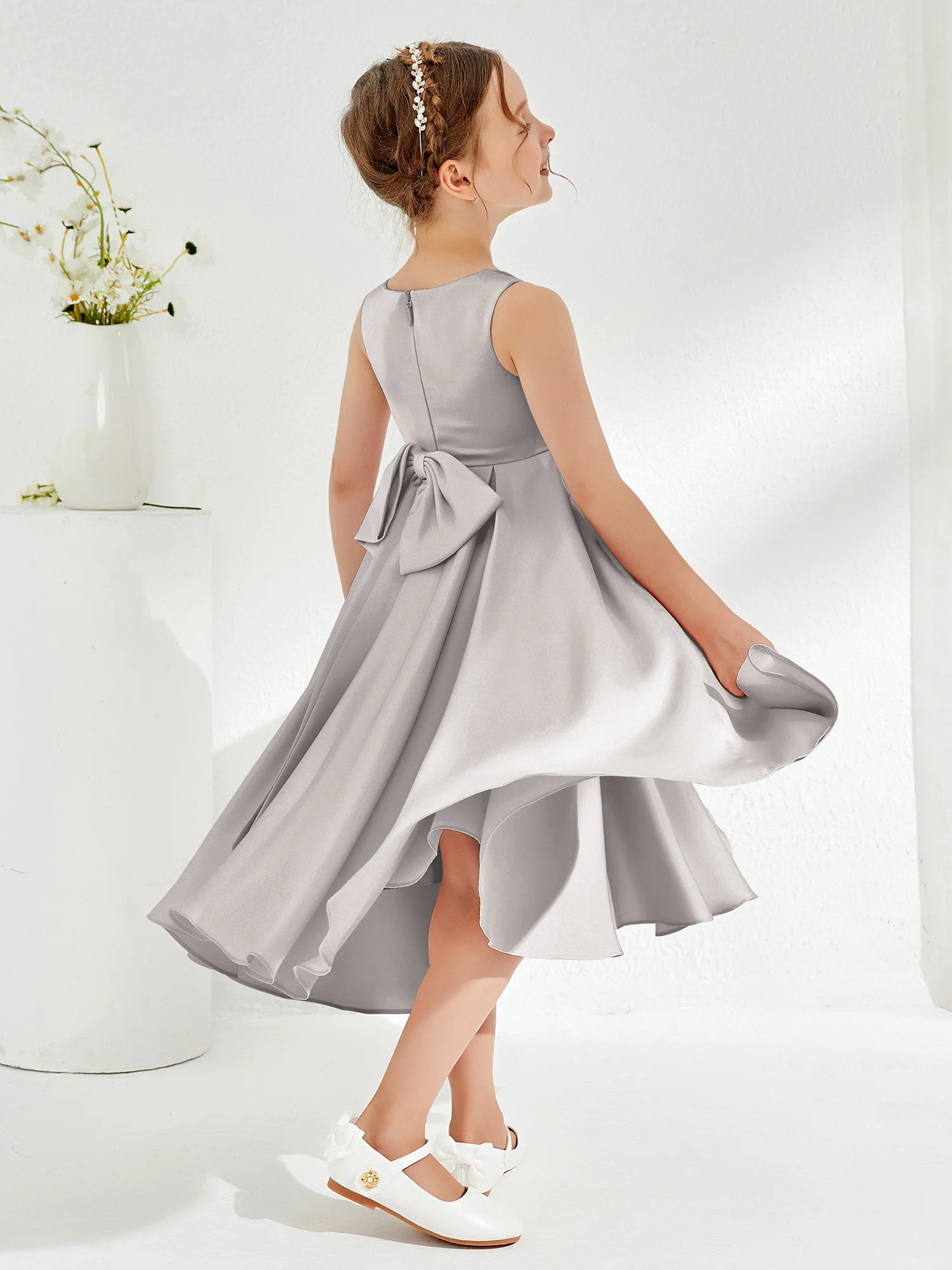V-Neck Acetate Satin Girl's Dress with Bow Silver - Image 2
