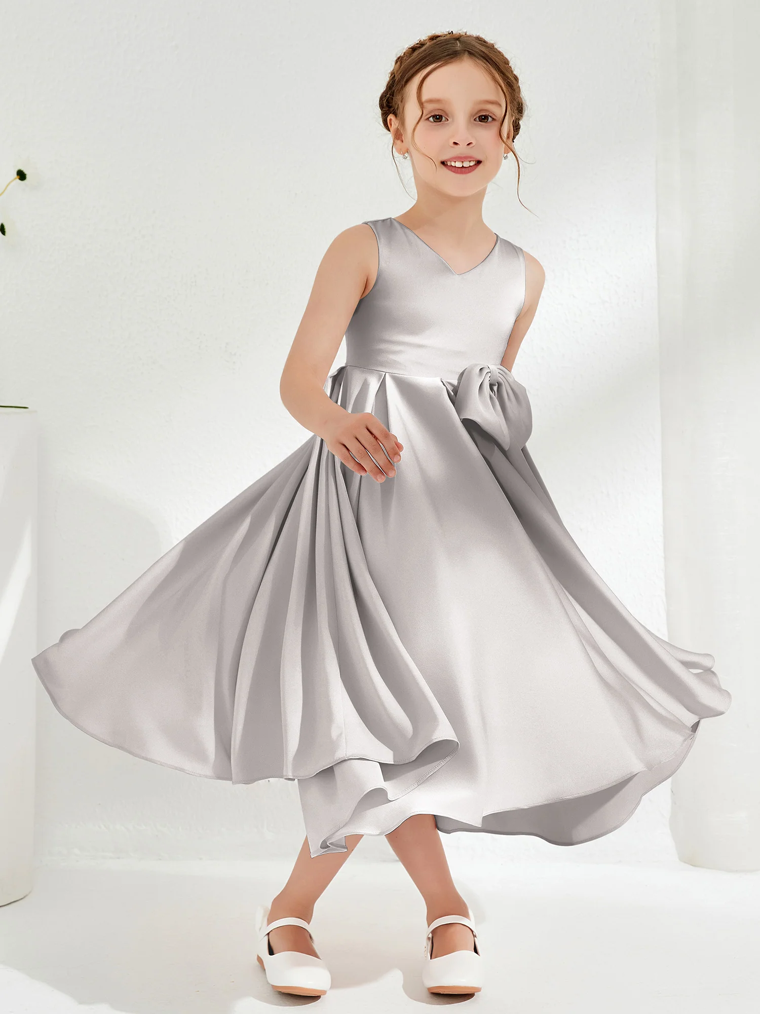 V-Neck Acetate Satin Girl's Dress with Bow Silver - Image 3