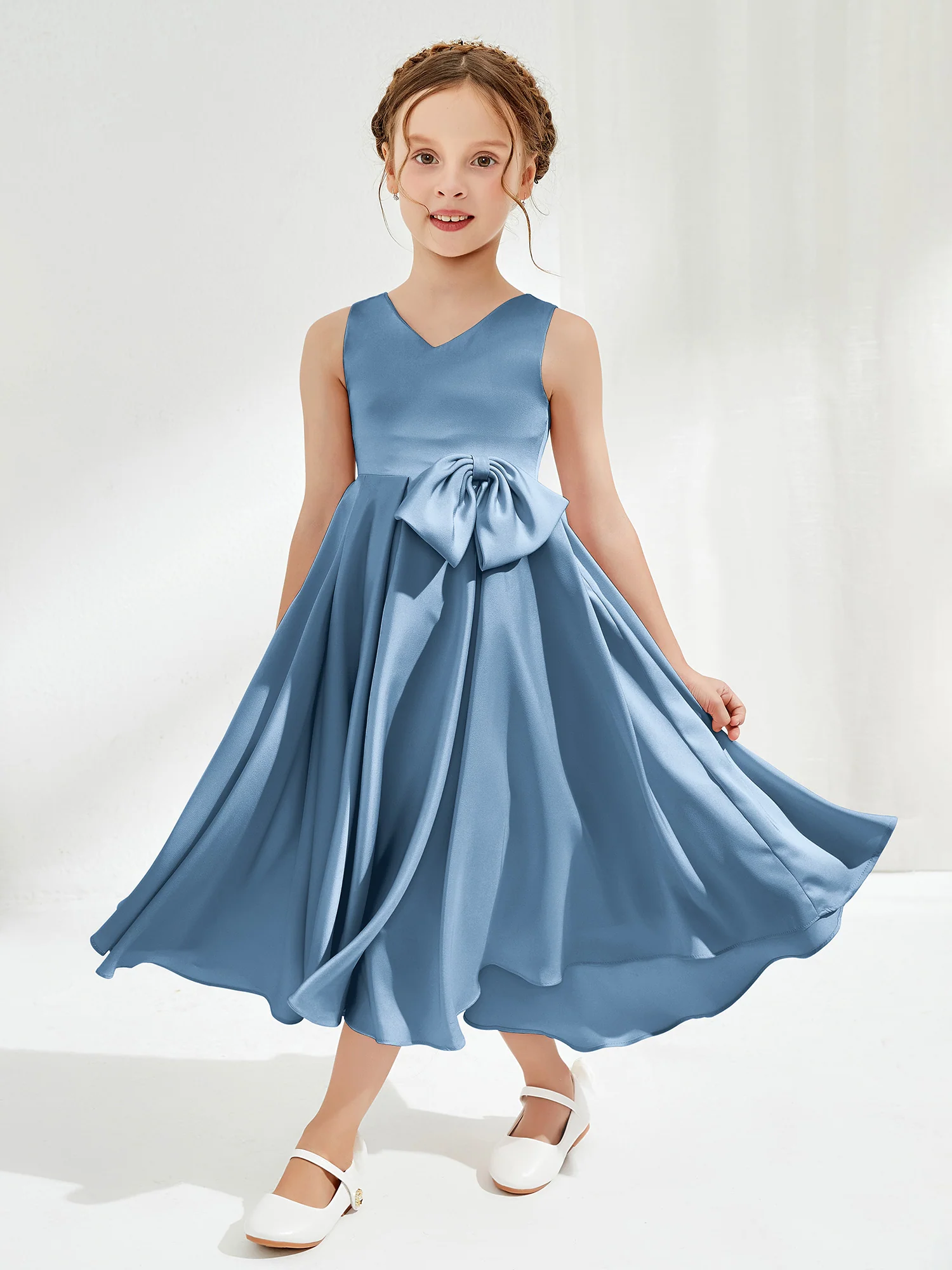 V-Neck Acetate Satin Girl's Dress with Bow Slate Blue
