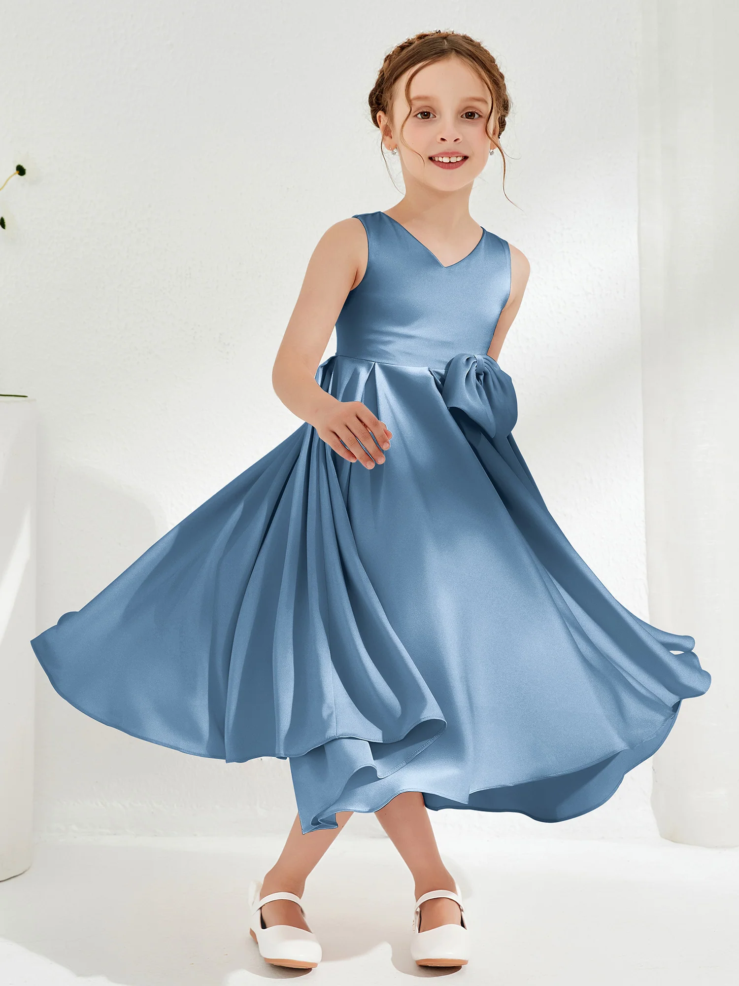 V-Neck Acetate Satin Girl's Dress with Bow Slate Blue - Image 3