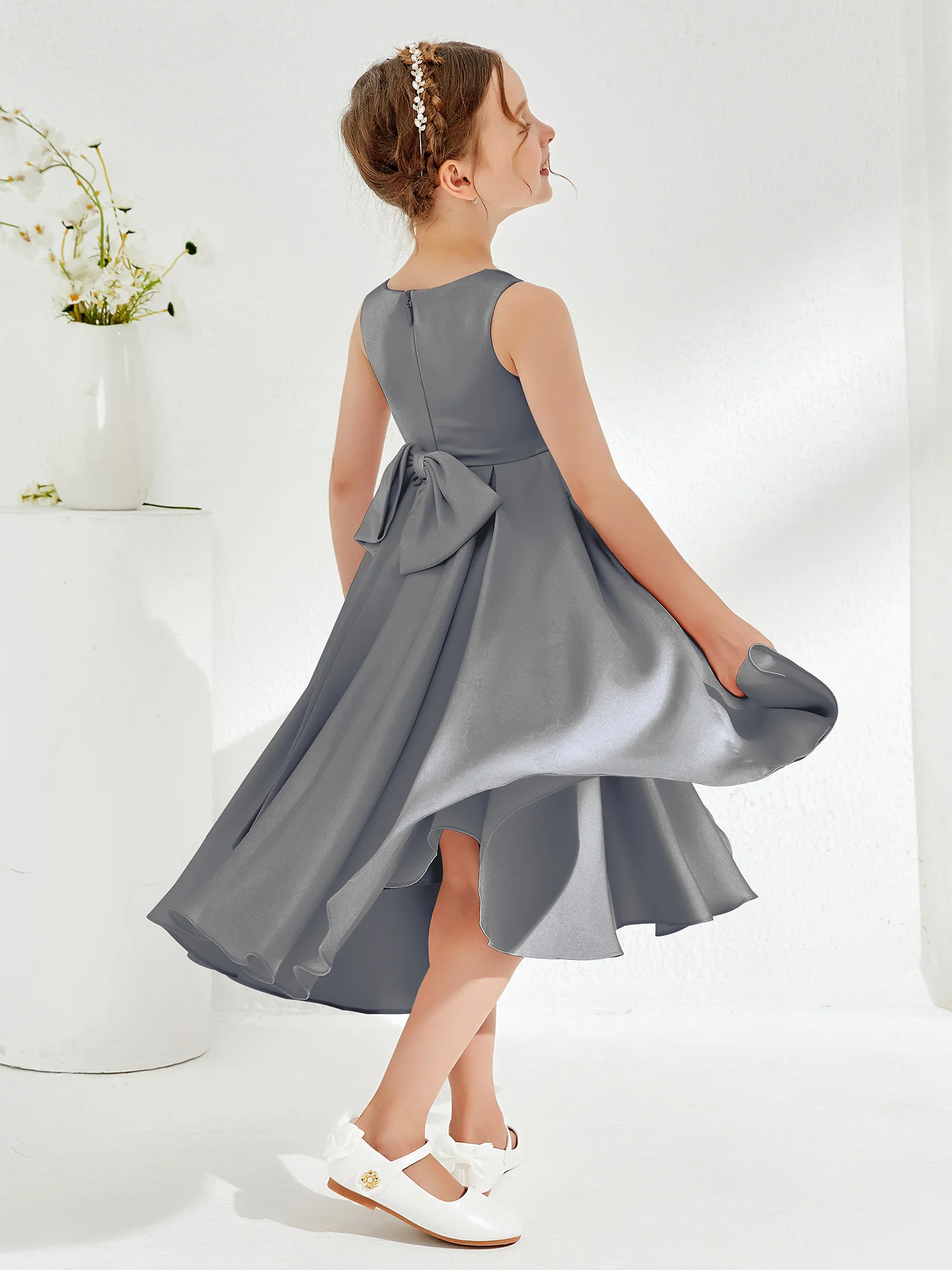 V-Neck Acetate Satin Girl's Dress with Bow Steel Grey - Image 2
