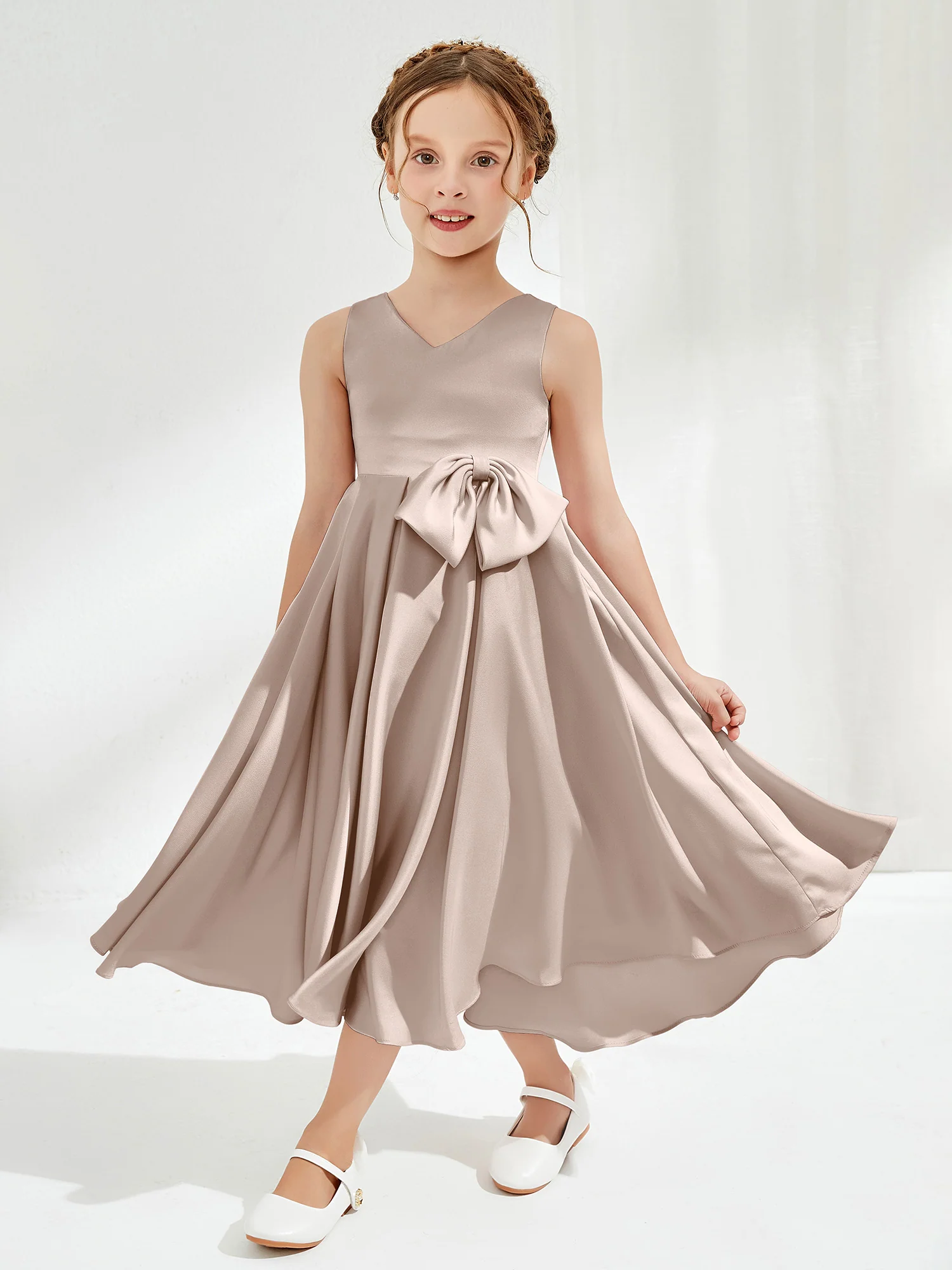 V-Neck Acetate Satin Girl's Dress with Bow Taupe
