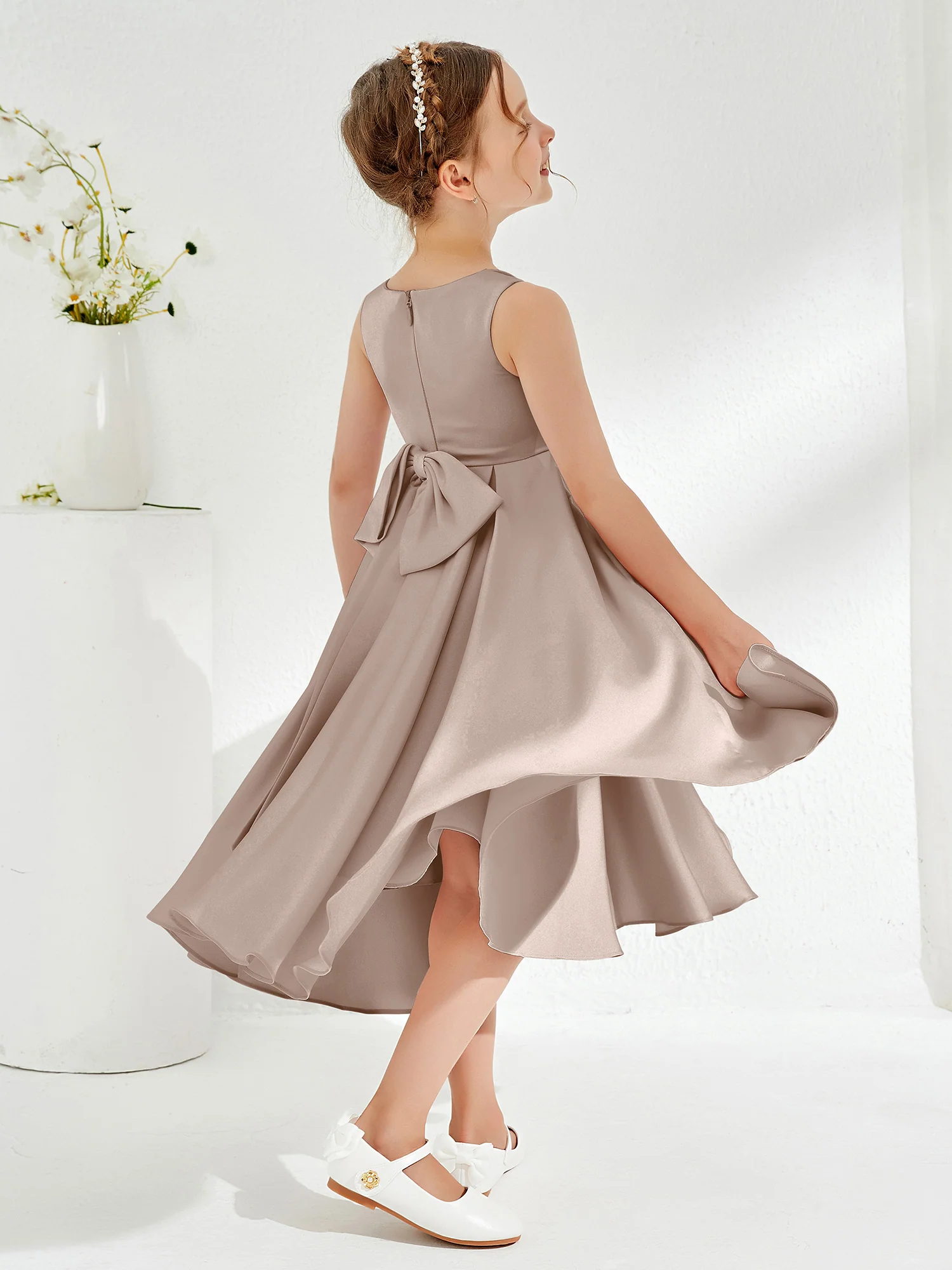 V-Neck Acetate Satin Girl's Dress with Bow Taupe - Image 2