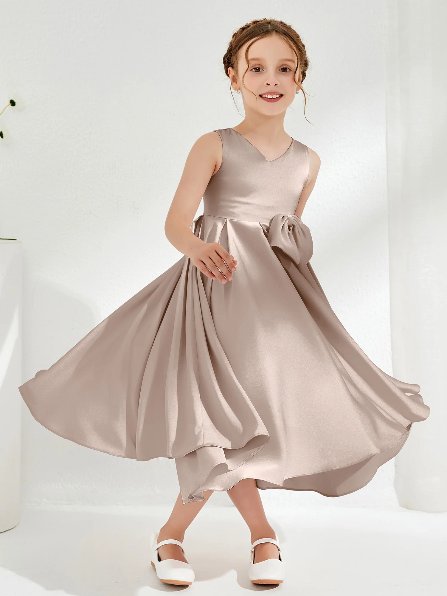 V-Neck Acetate Satin Girl's Dress with Bow Taupe - Image 3