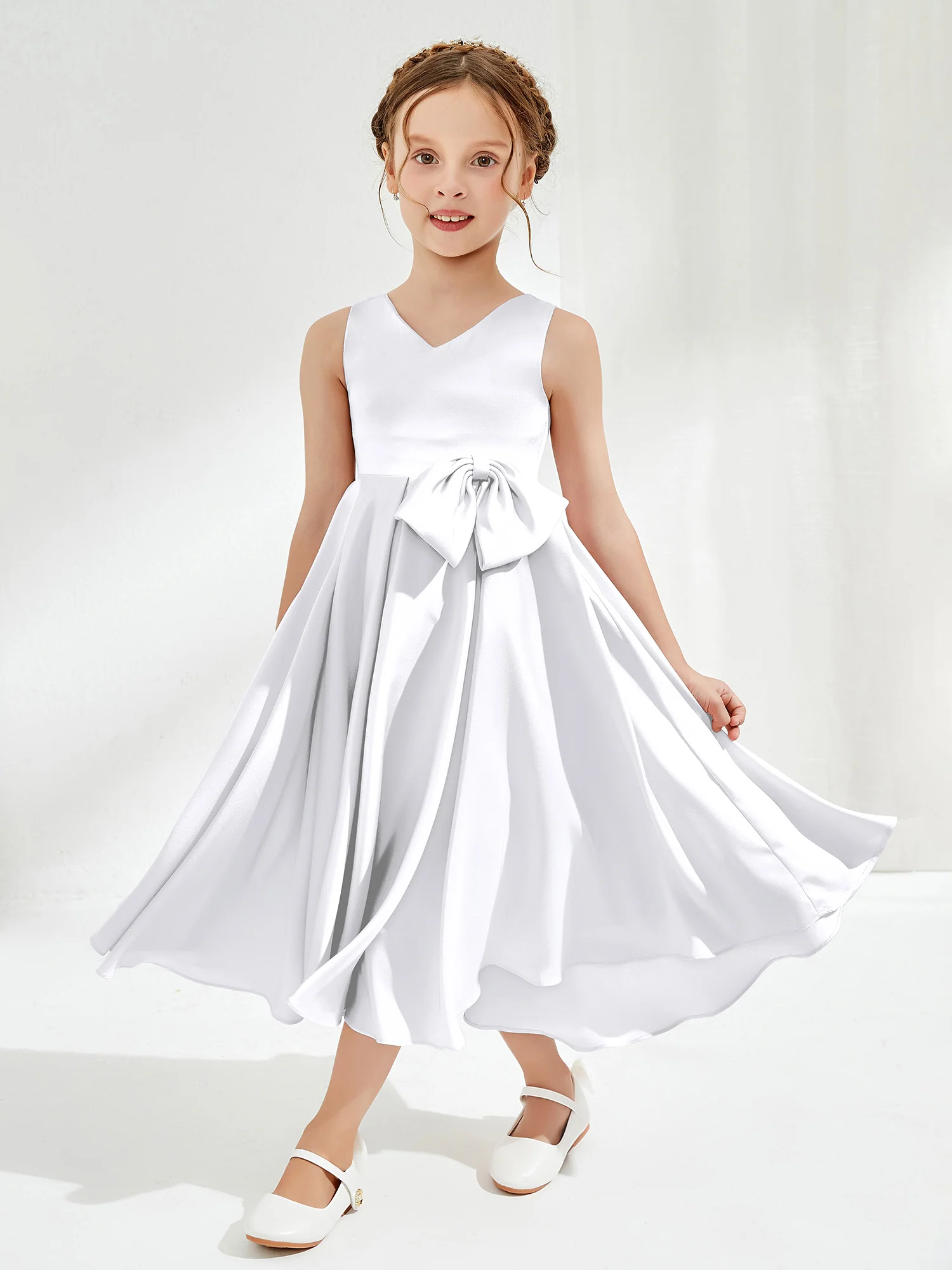 V-Neck Acetate Satin Girl's Dress with Bow White