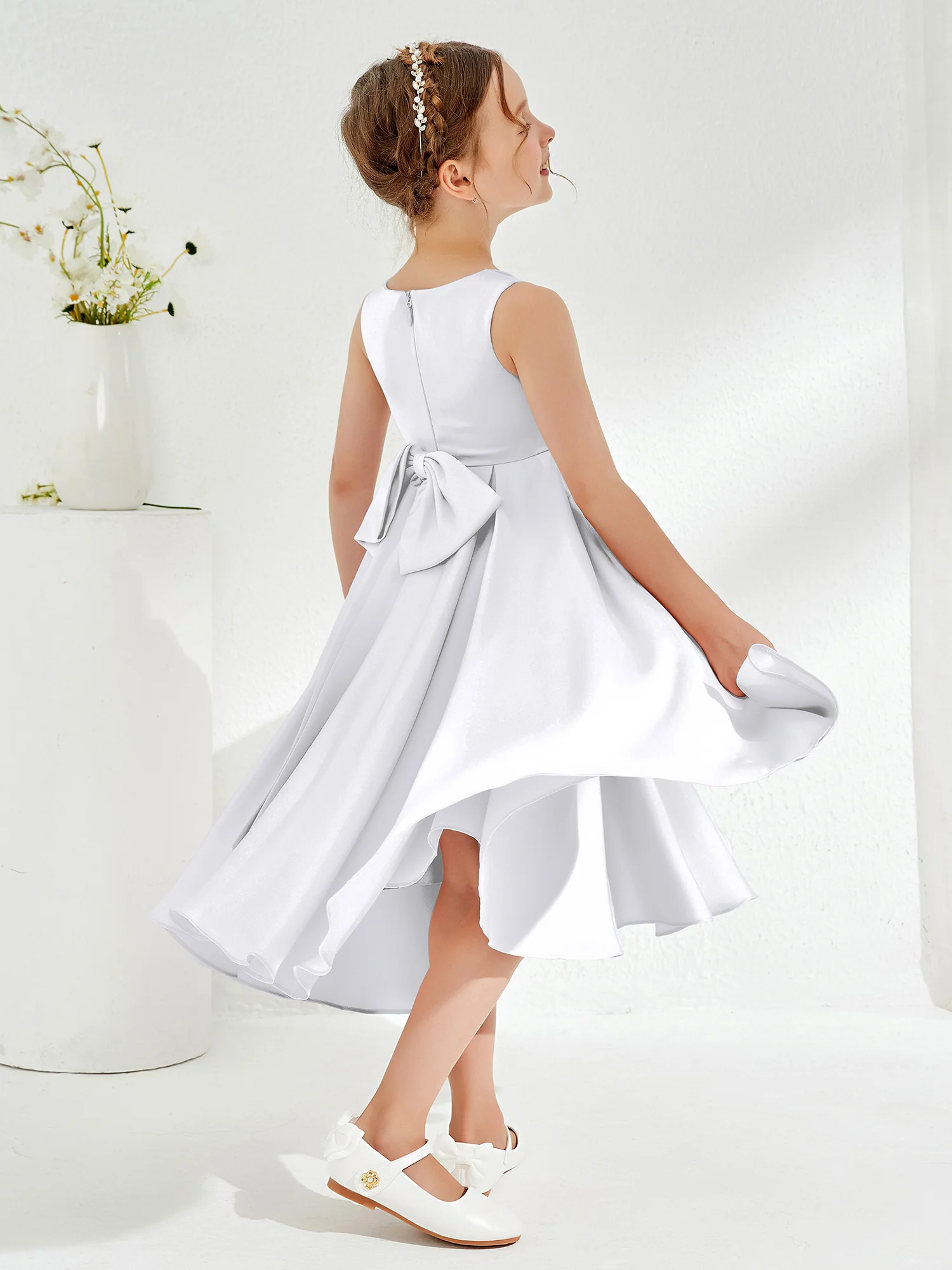 V-Neck Acetate Satin Girl's Dress with Bow White - Image 2
