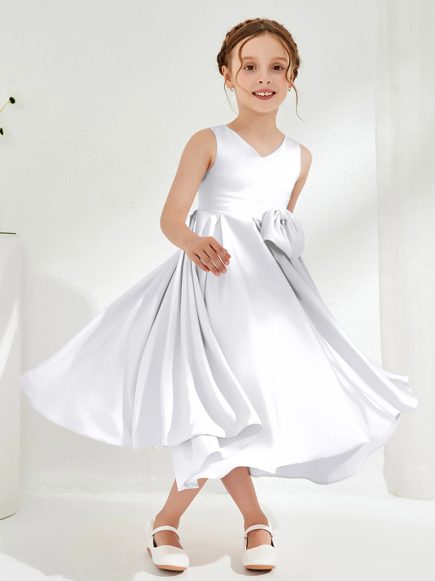 V-Neck Acetate Satin Girl's Dress with Bow White - Image 3