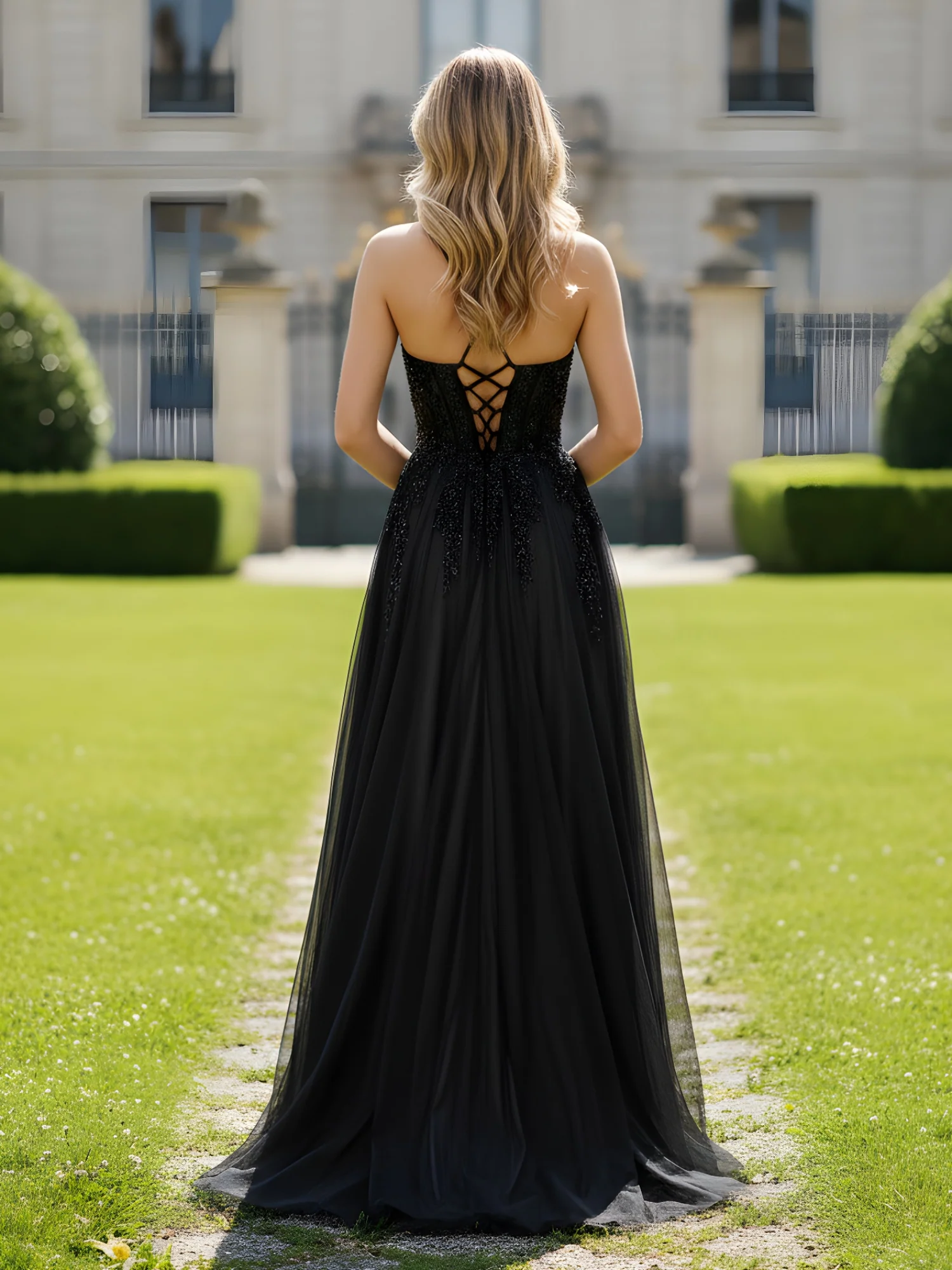 V-neck Applique Corset Tulle A-Line Dress With Slit Black - Image 2