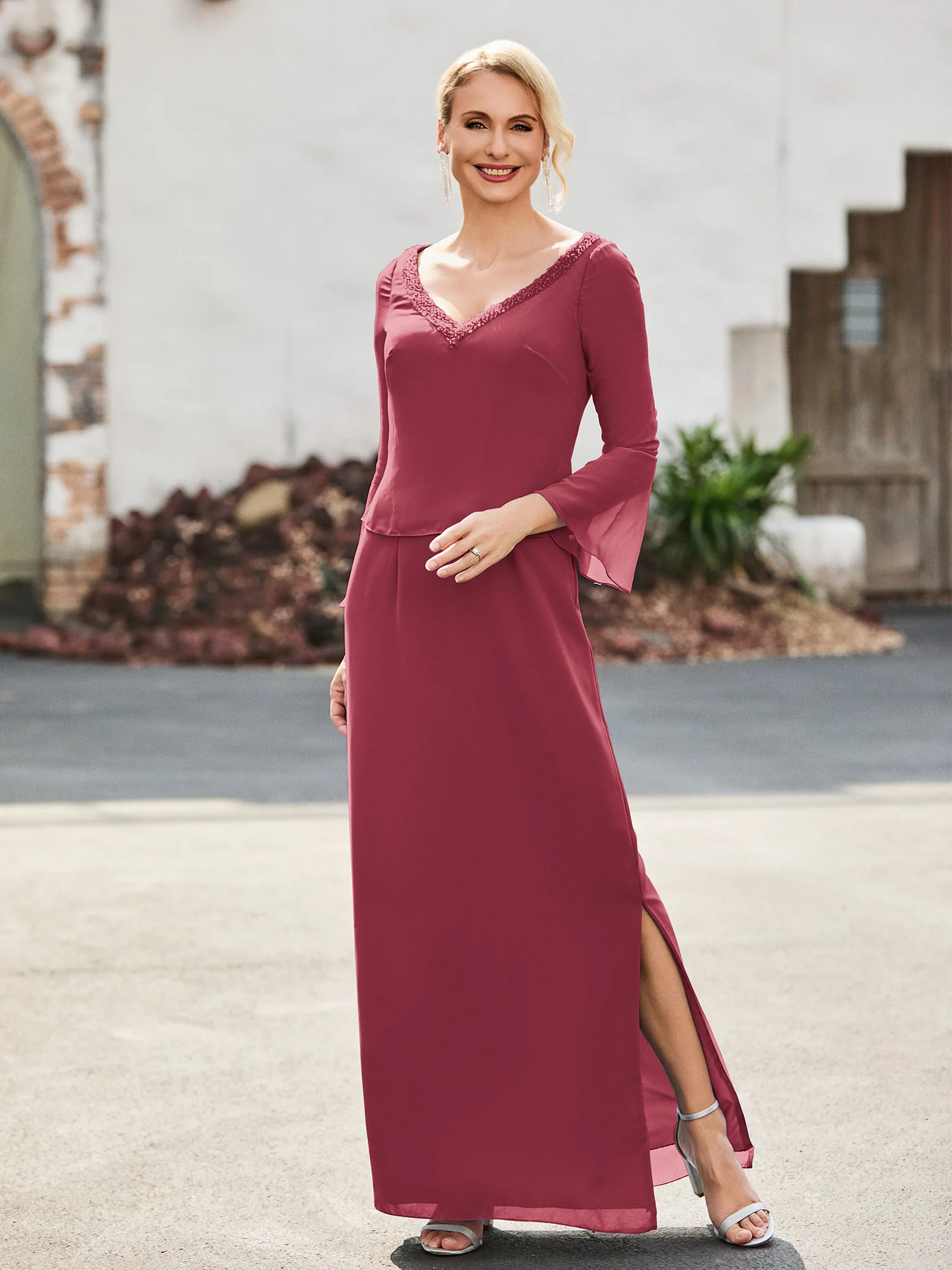 V-neck Beaded Floor-length Sheath Dress Cinnamon Rose