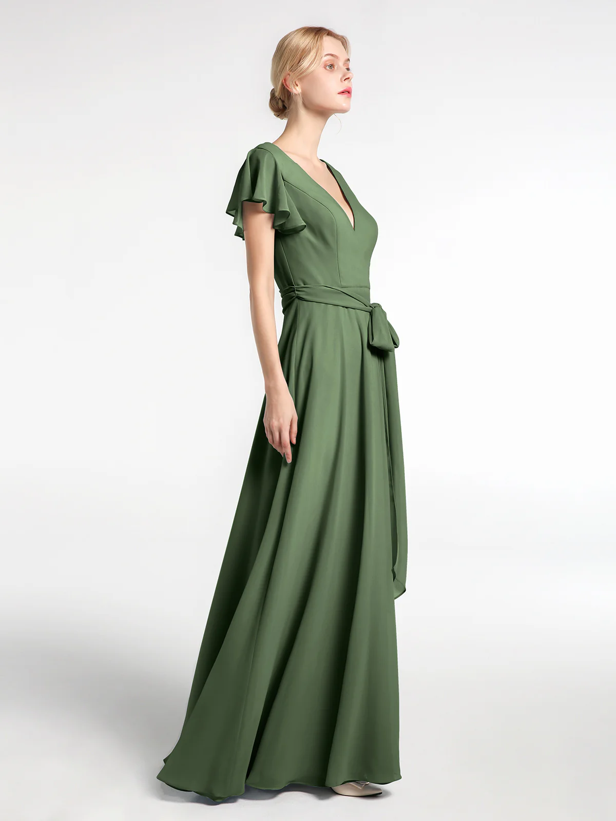V-neck Cap Sleeves Chiffon Dress with Self-Bow Clearance - Image 3