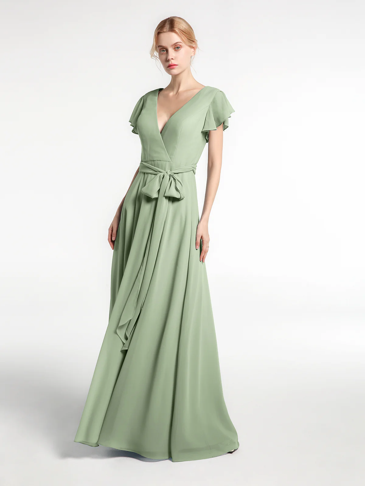 V-neck Cap Sleeves Chiffon Dress with Self-Bow Clearance - Image 4