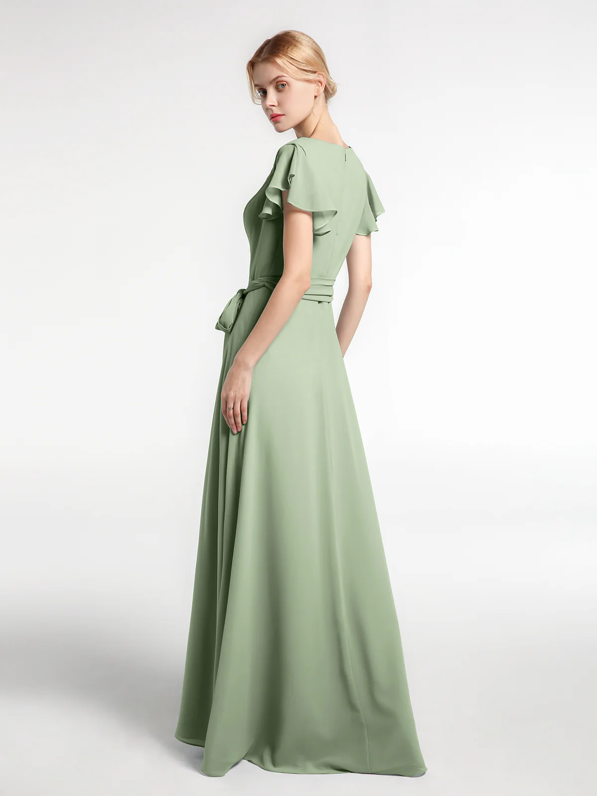 V-neck Cap Sleeves Chiffon Dress with Self-Bow Clearance - Image 5