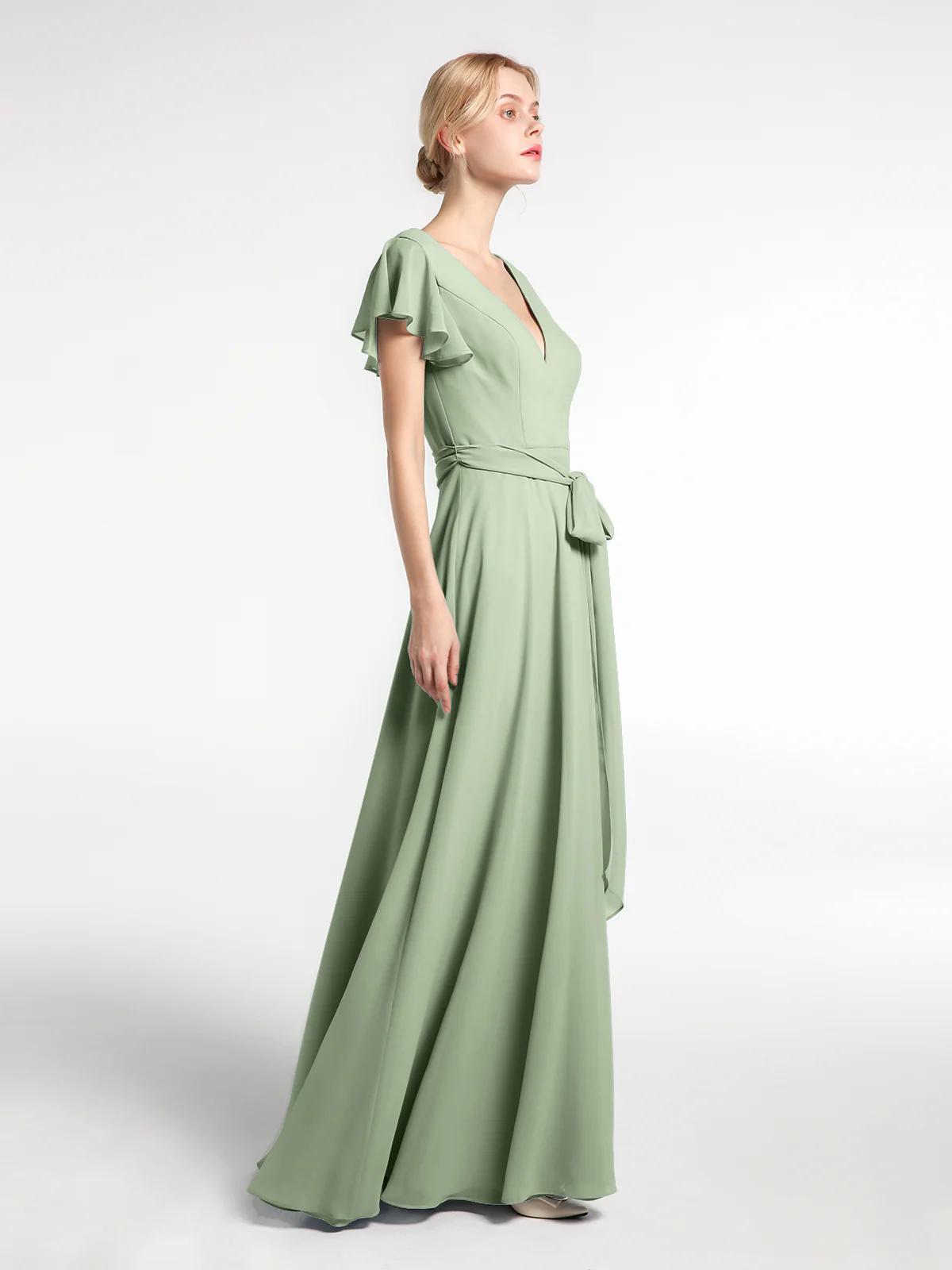 V-neck Cap Sleeves Chiffon Dress with Self-Bow Clearance - Image 6