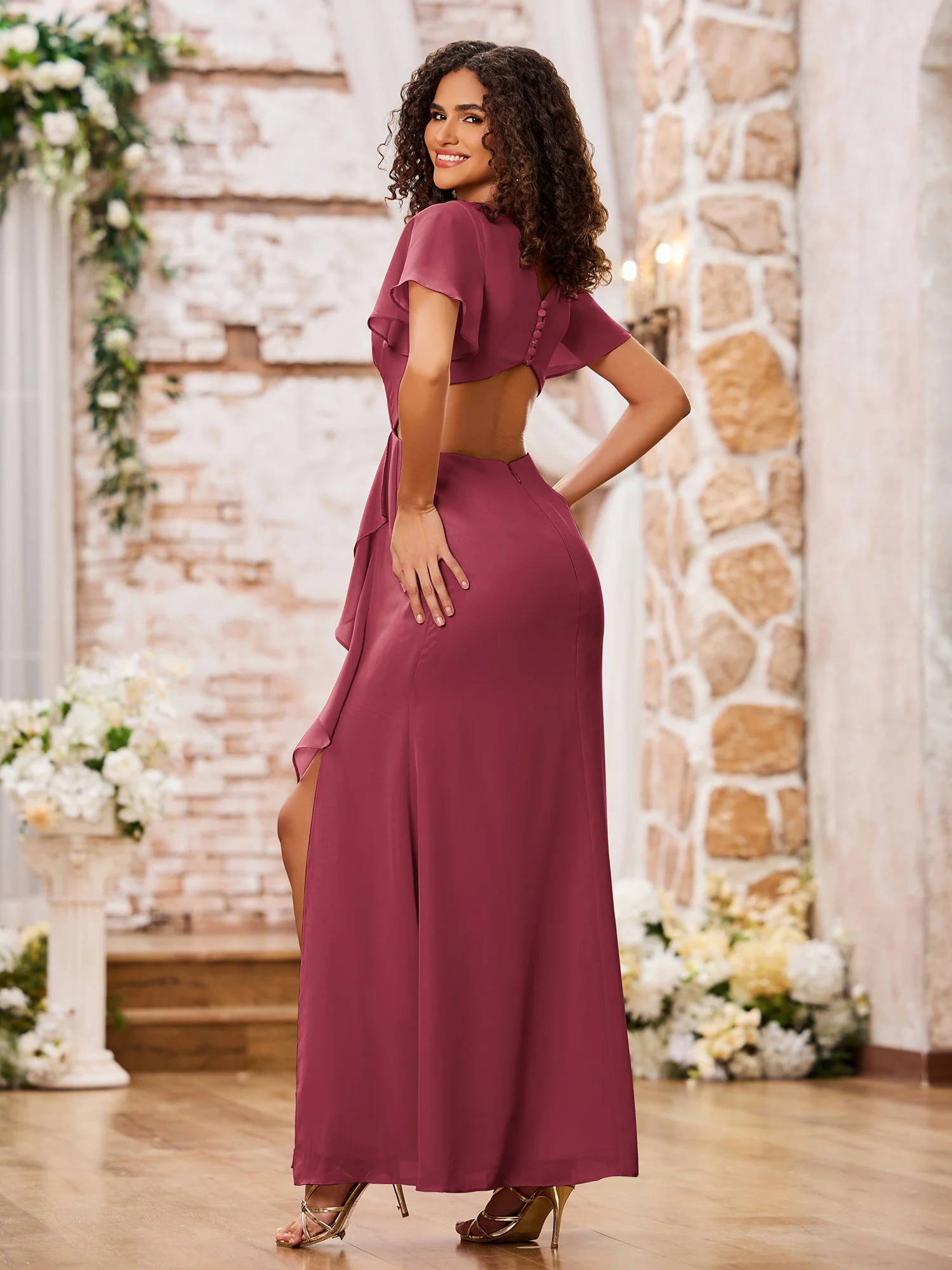 V-neck Cap Sleeves Open Back Maxi Dresses with Slit Cinnamon Rose - Image 2