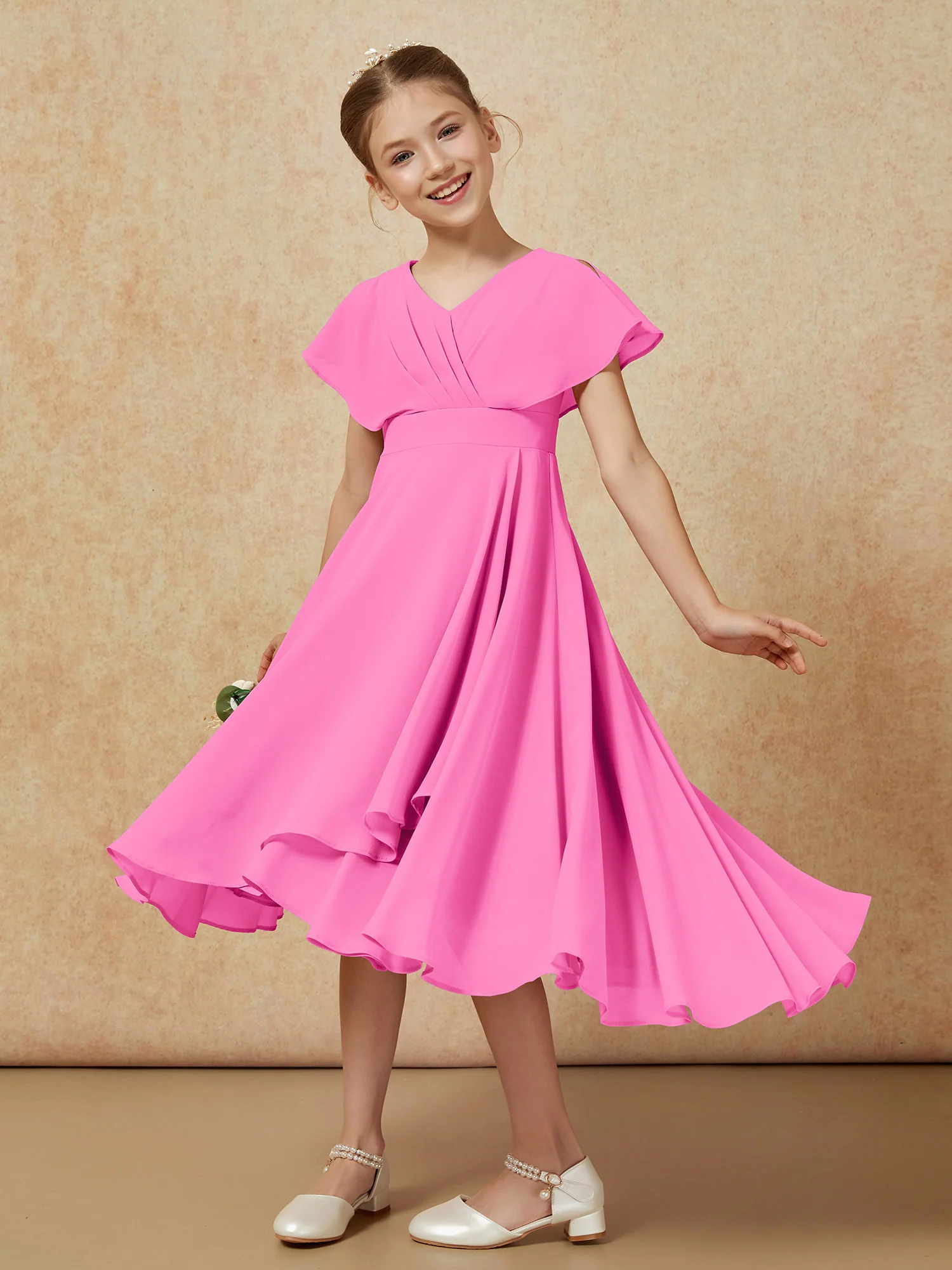 V-neck Chiffon Asymmetrical Junior Bridesmaid Dresses Azalea - Image 4
