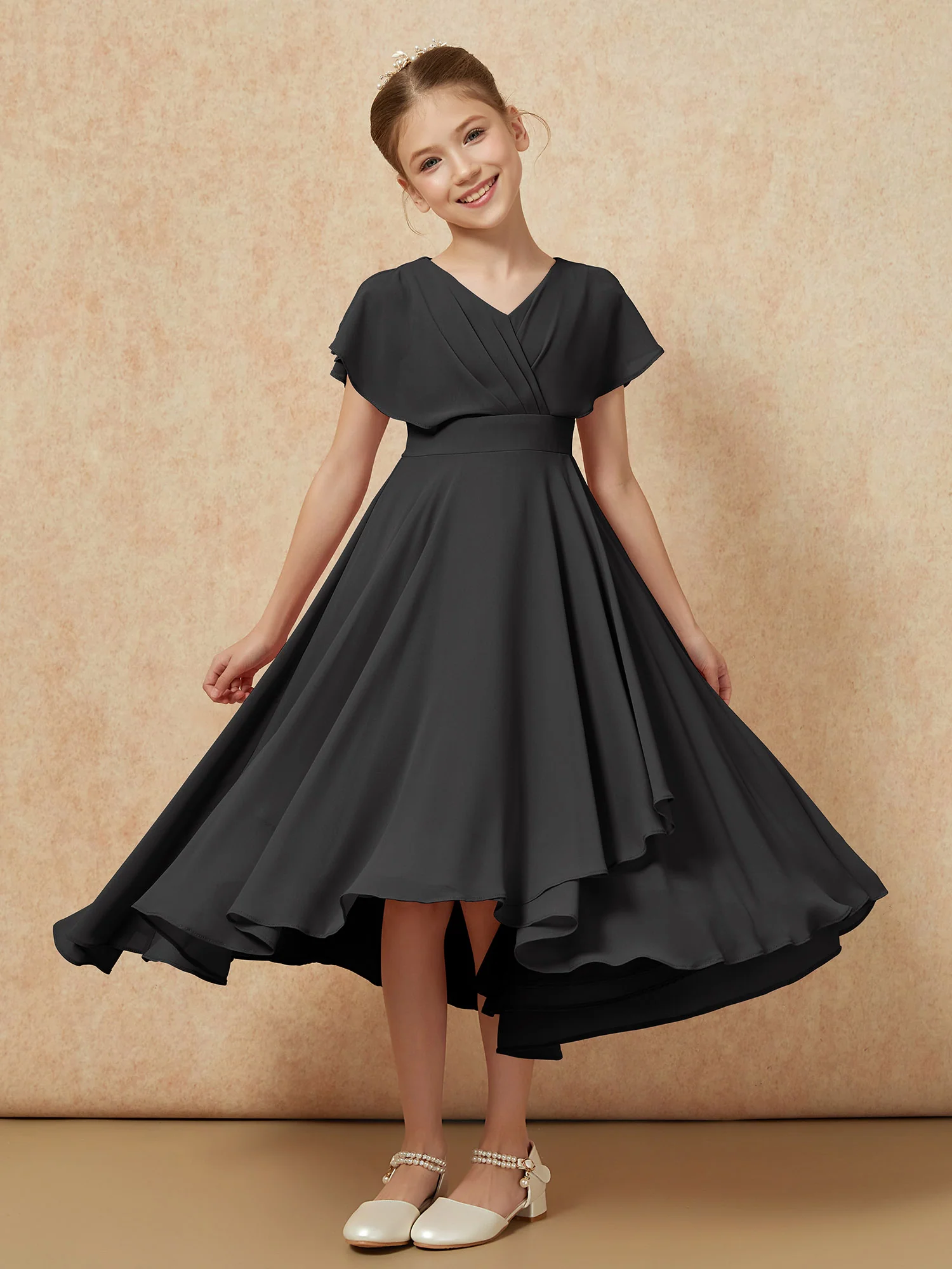 V-neck Chiffon Asymmetrical Junior Bridesmaid Dresses Black