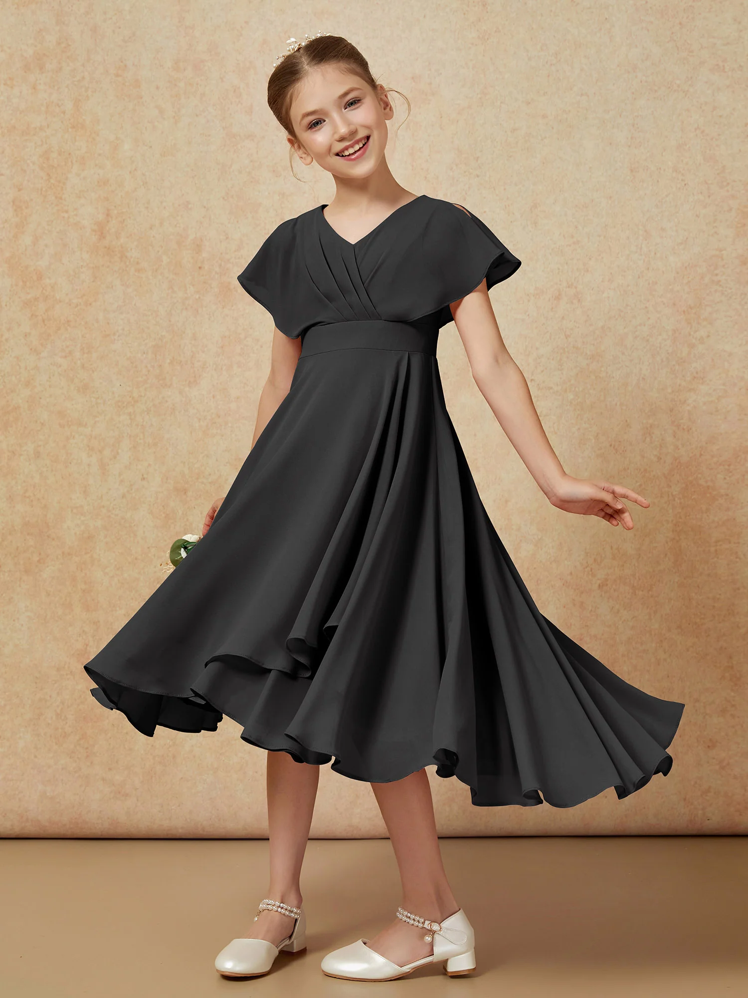 V-neck Chiffon Asymmetrical Junior Bridesmaid Dresses Black - Image 4