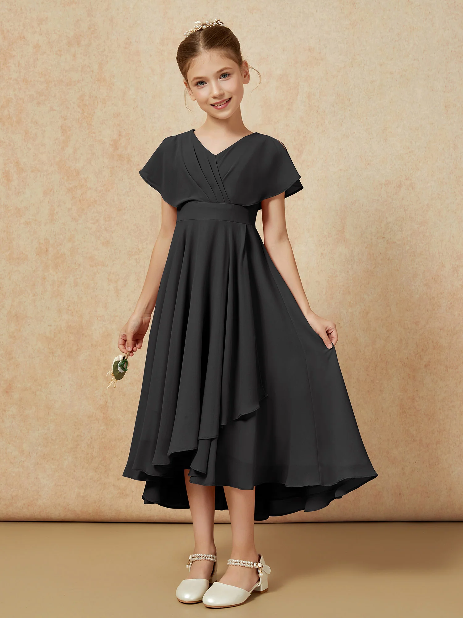 V-neck Chiffon Asymmetrical Junior Bridesmaid Dresses Black - Image 5