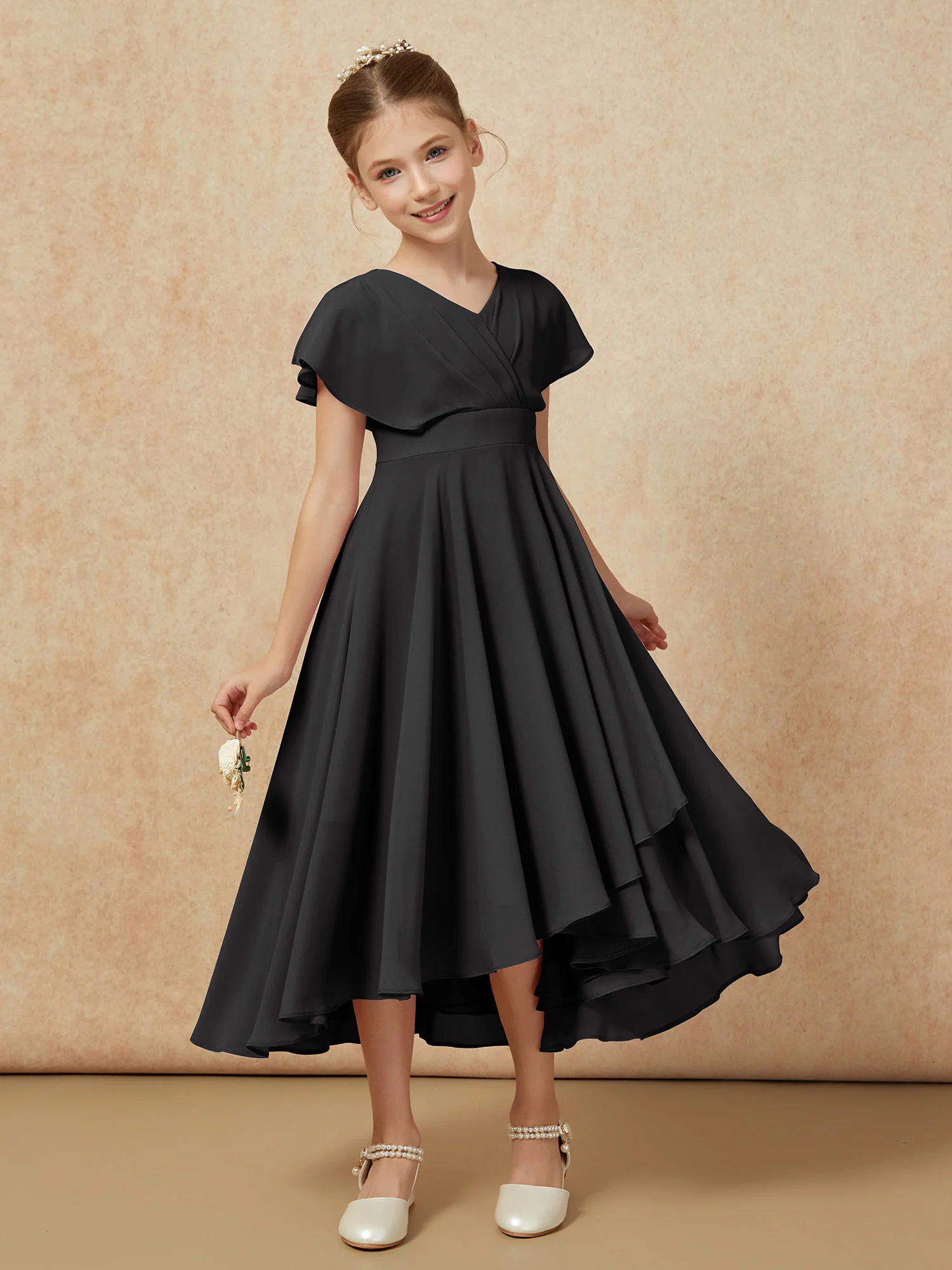 V-neck Chiffon Asymmetrical Junior Bridesmaid Dresses Black - Image 6