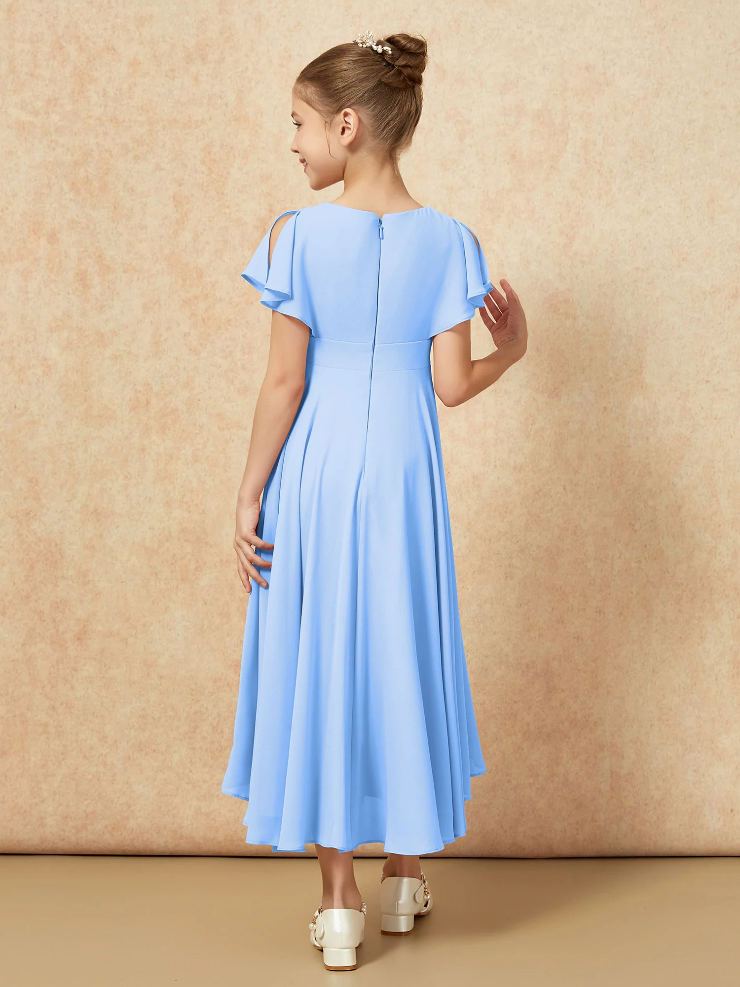 V-neck Chiffon Asymmetrical Junior Bridesmaid Dresses Blue - Image 2