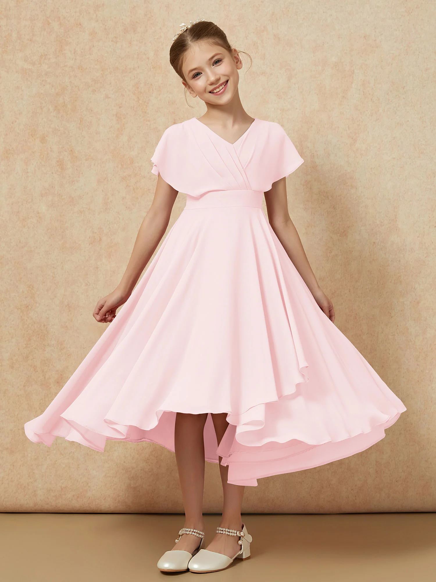 V-neck Chiffon Asymmetrical Junior Bridesmaid Dresses Blushing Pink