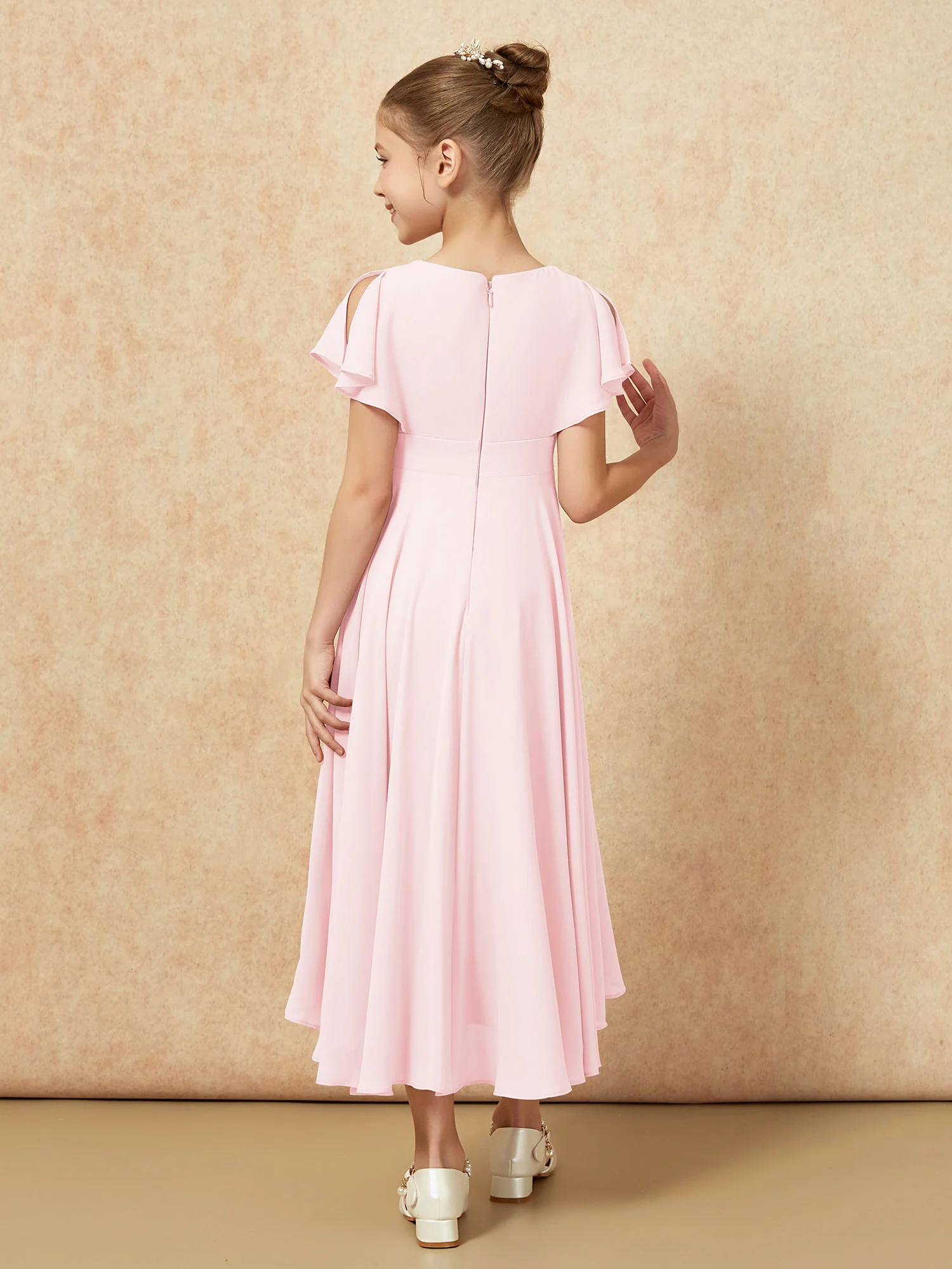 V-neck Chiffon Asymmetrical Junior Bridesmaid Dresses Blushing Pink - Image 2