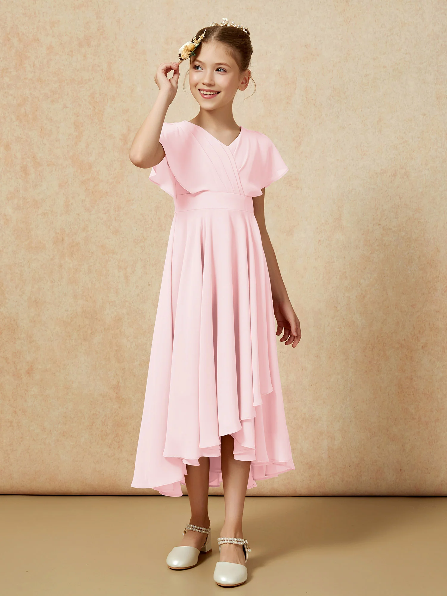 V-neck Chiffon Asymmetrical Junior Bridesmaid Dresses Blushing Pink - Image 3