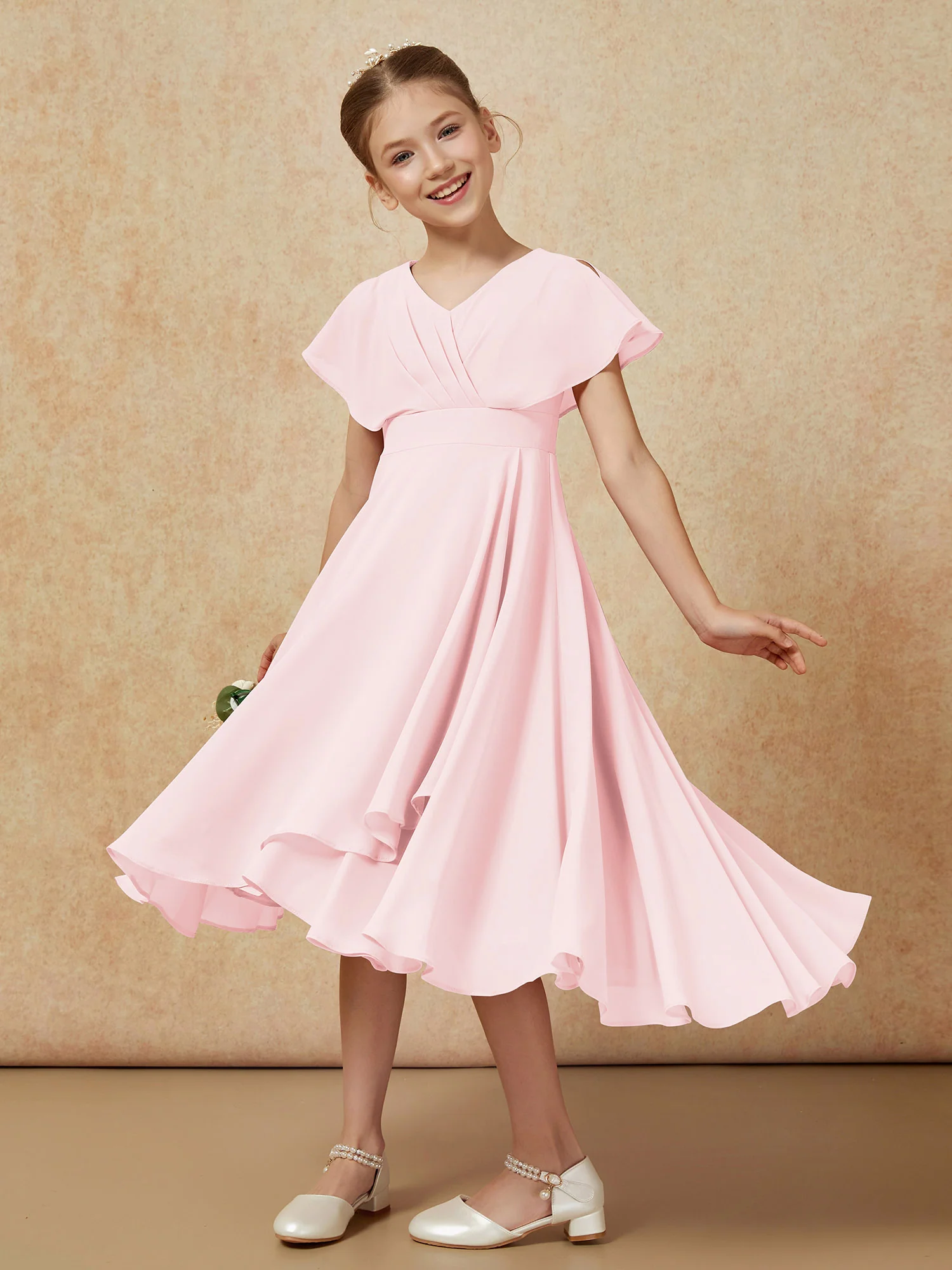 V-neck Chiffon Asymmetrical Junior Bridesmaid Dresses Blushing Pink - Image 4