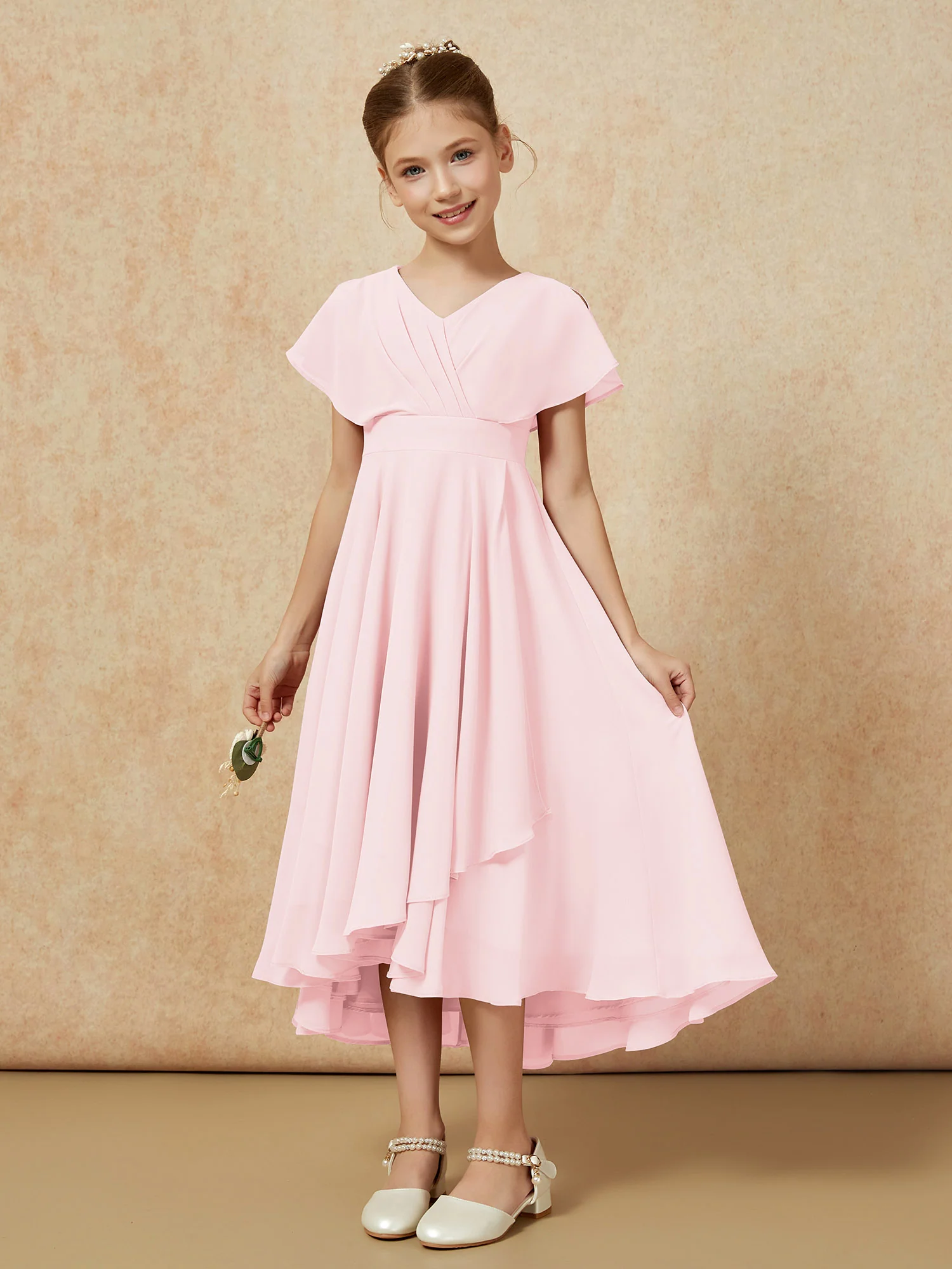 V-neck Chiffon Asymmetrical Junior Bridesmaid Dresses Blushing Pink - Image 5