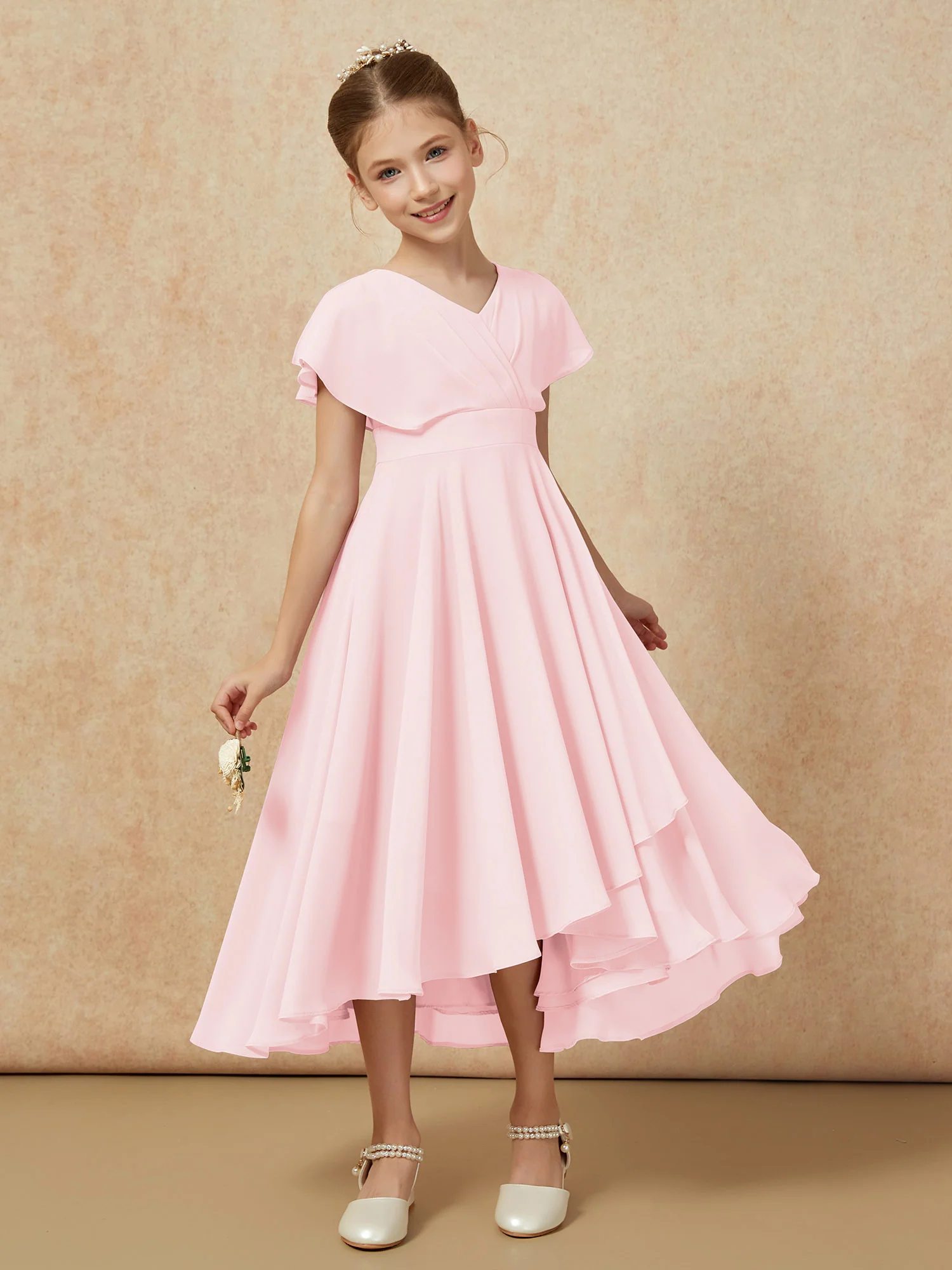 V-neck Chiffon Asymmetrical Junior Bridesmaid Dresses Blushing Pink - Image 6