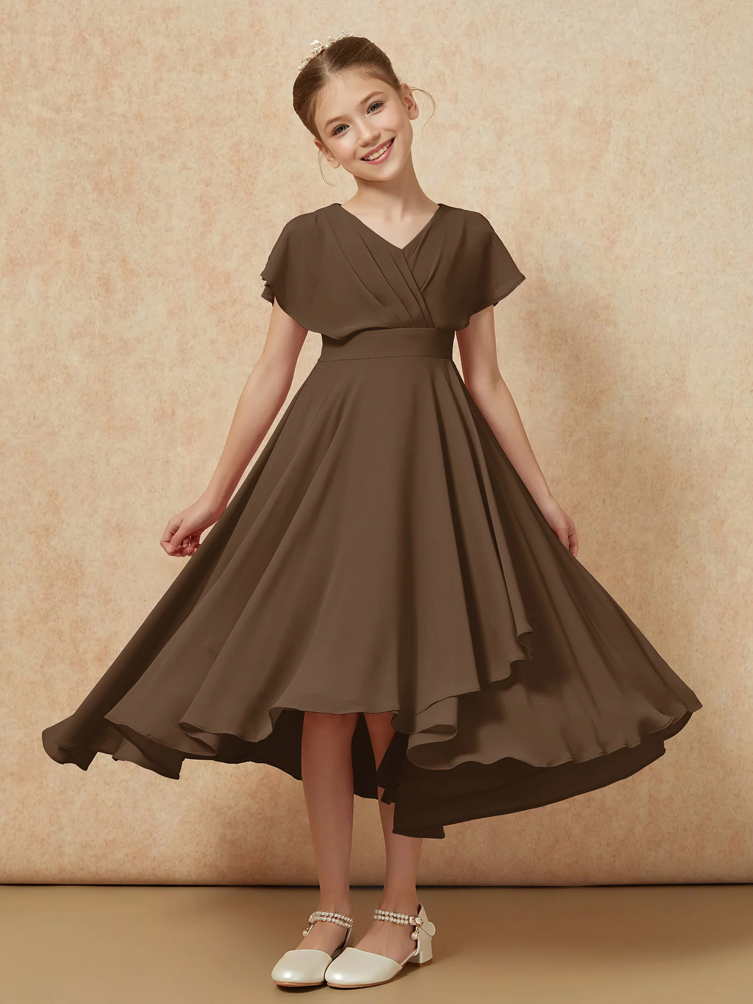 V-neck Chiffon Asymmetrical Junior Bridesmaid Dresses Brown