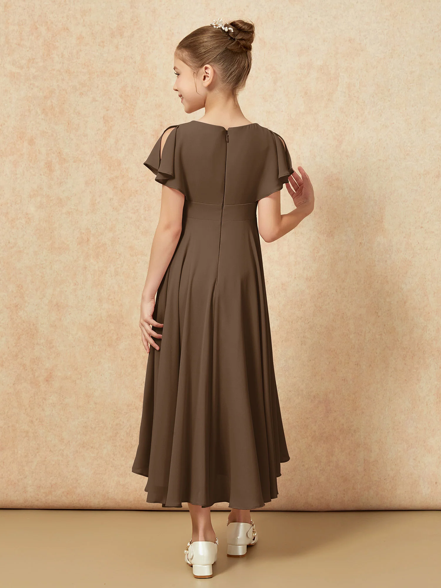 V-neck Chiffon Asymmetrical Junior Bridesmaid Dresses Brown - Image 2