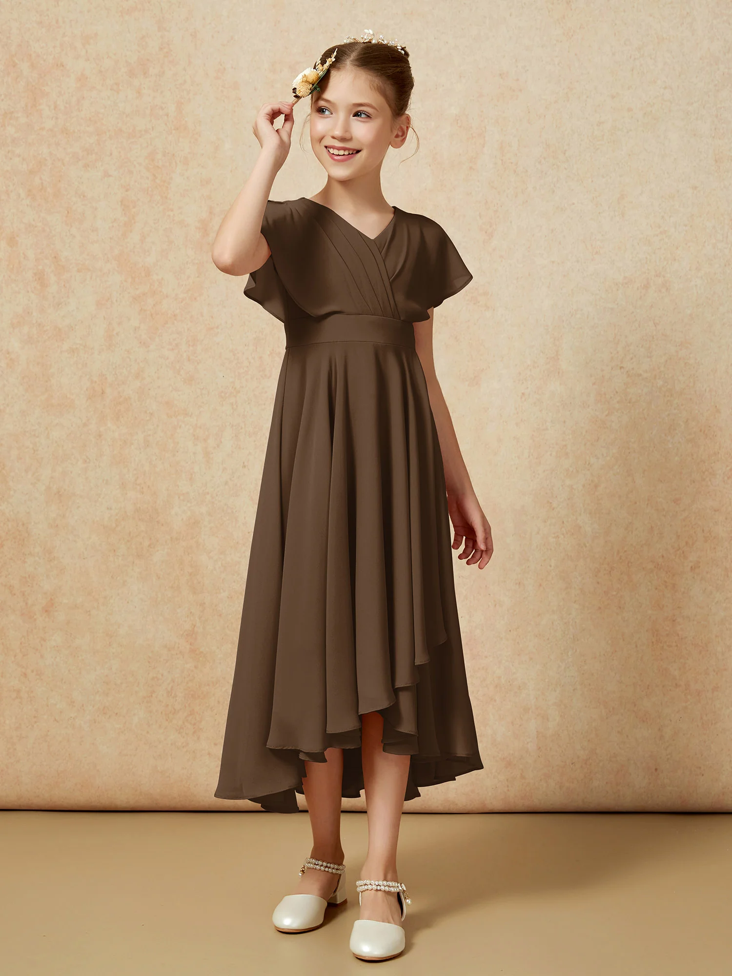 V-neck Chiffon Asymmetrical Junior Bridesmaid Dresses Brown - Image 3