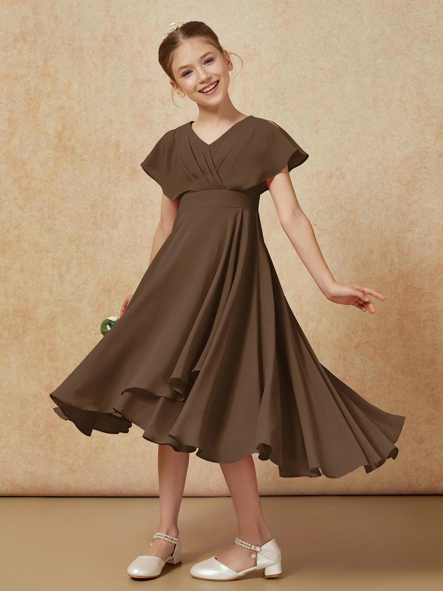 V-neck Chiffon Asymmetrical Junior Bridesmaid Dresses Brown - Image 4