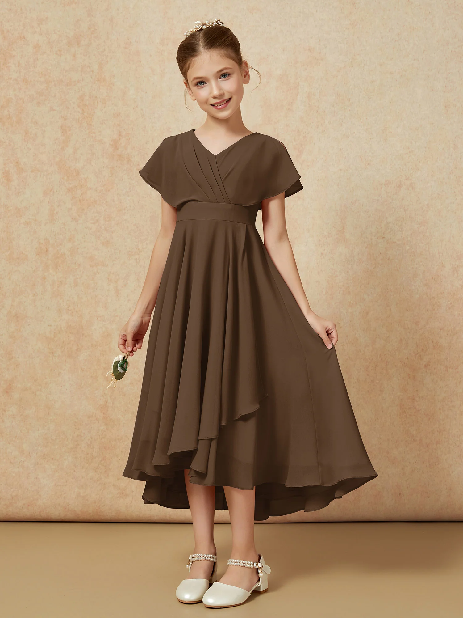 V-neck Chiffon Asymmetrical Junior Bridesmaid Dresses Brown - Image 5