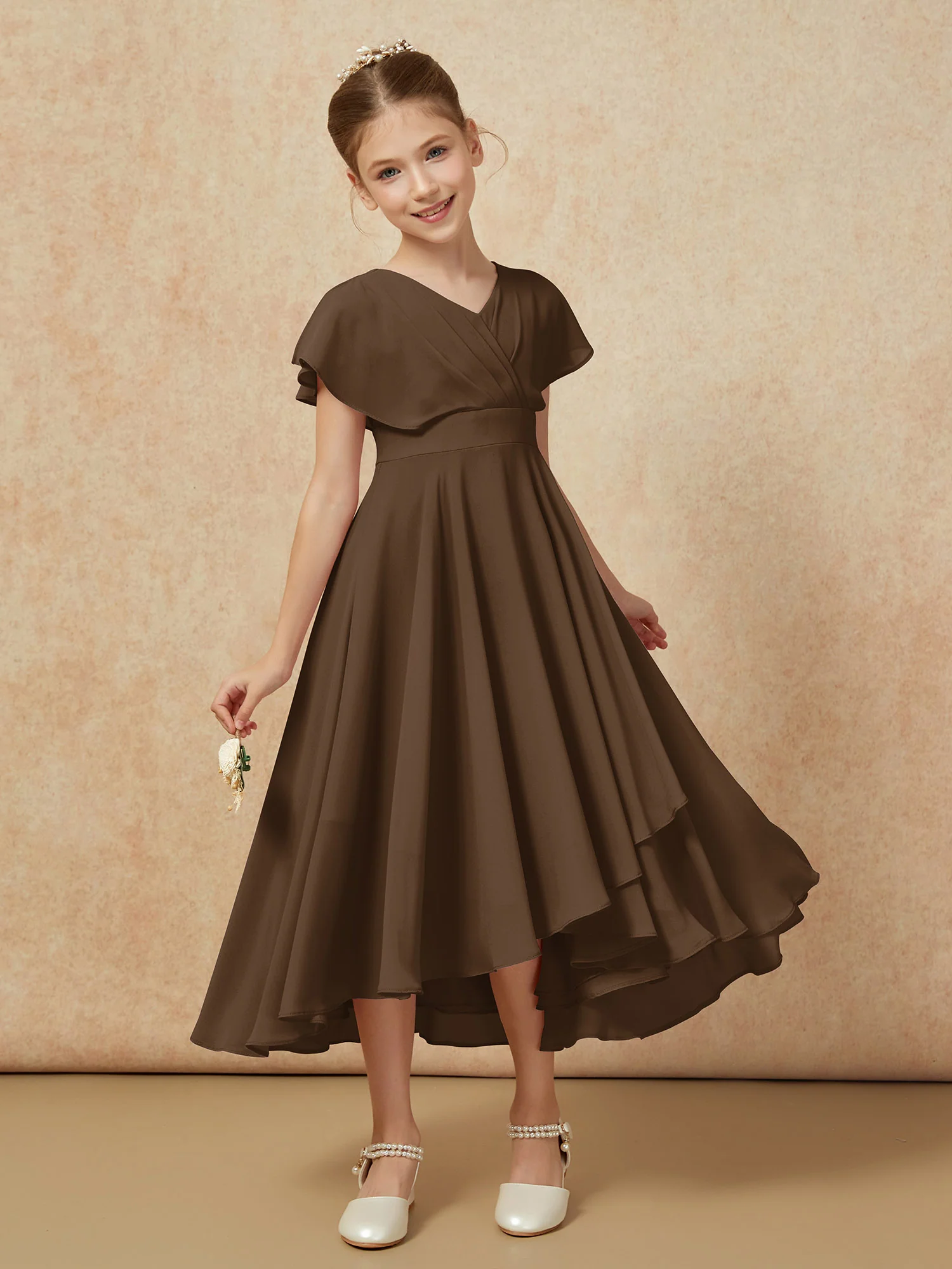 V-neck Chiffon Asymmetrical Junior Bridesmaid Dresses Brown - Image 6