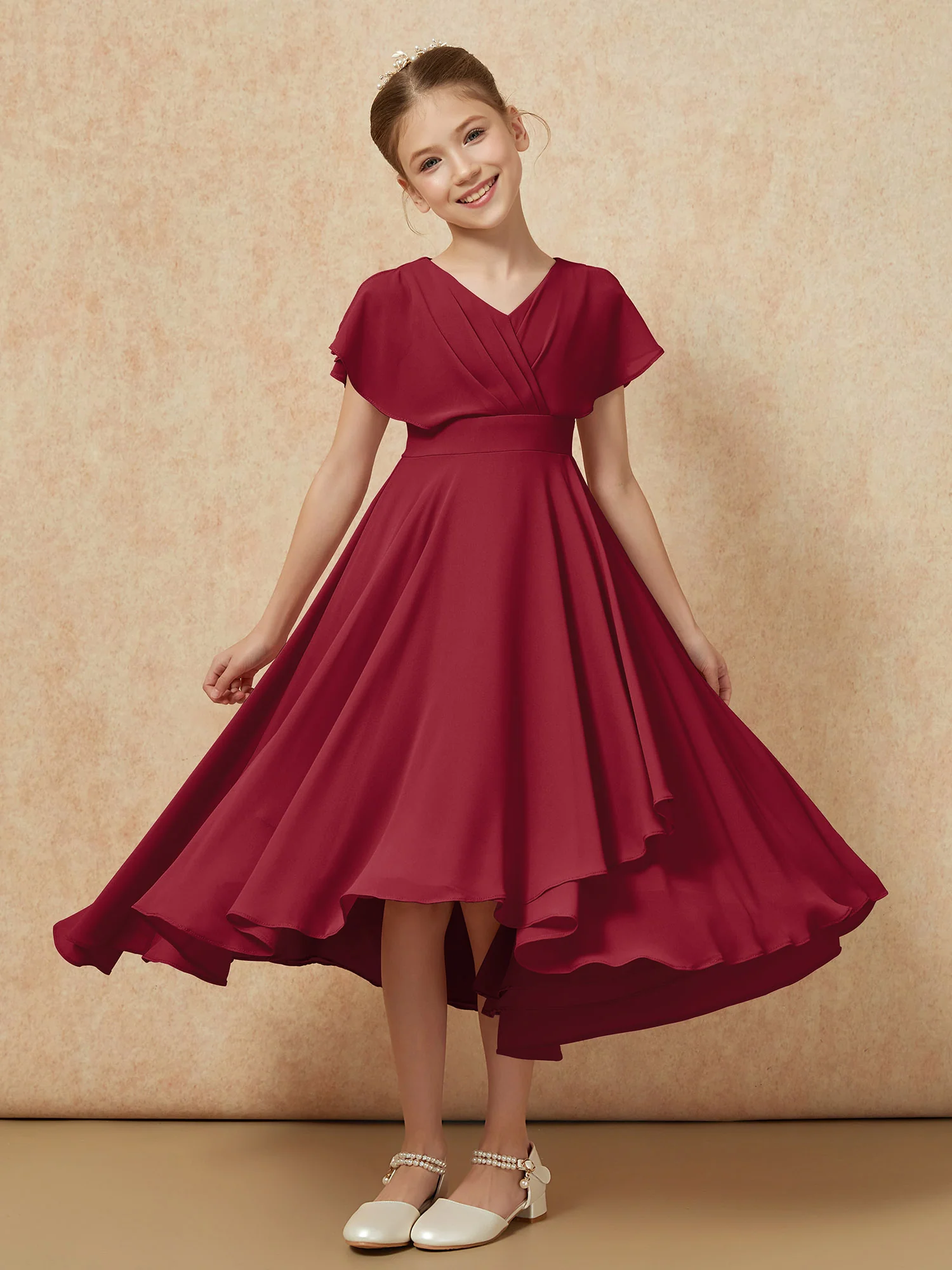V-neck Chiffon Asymmetrical Junior Bridesmaid Dresses Burgundy