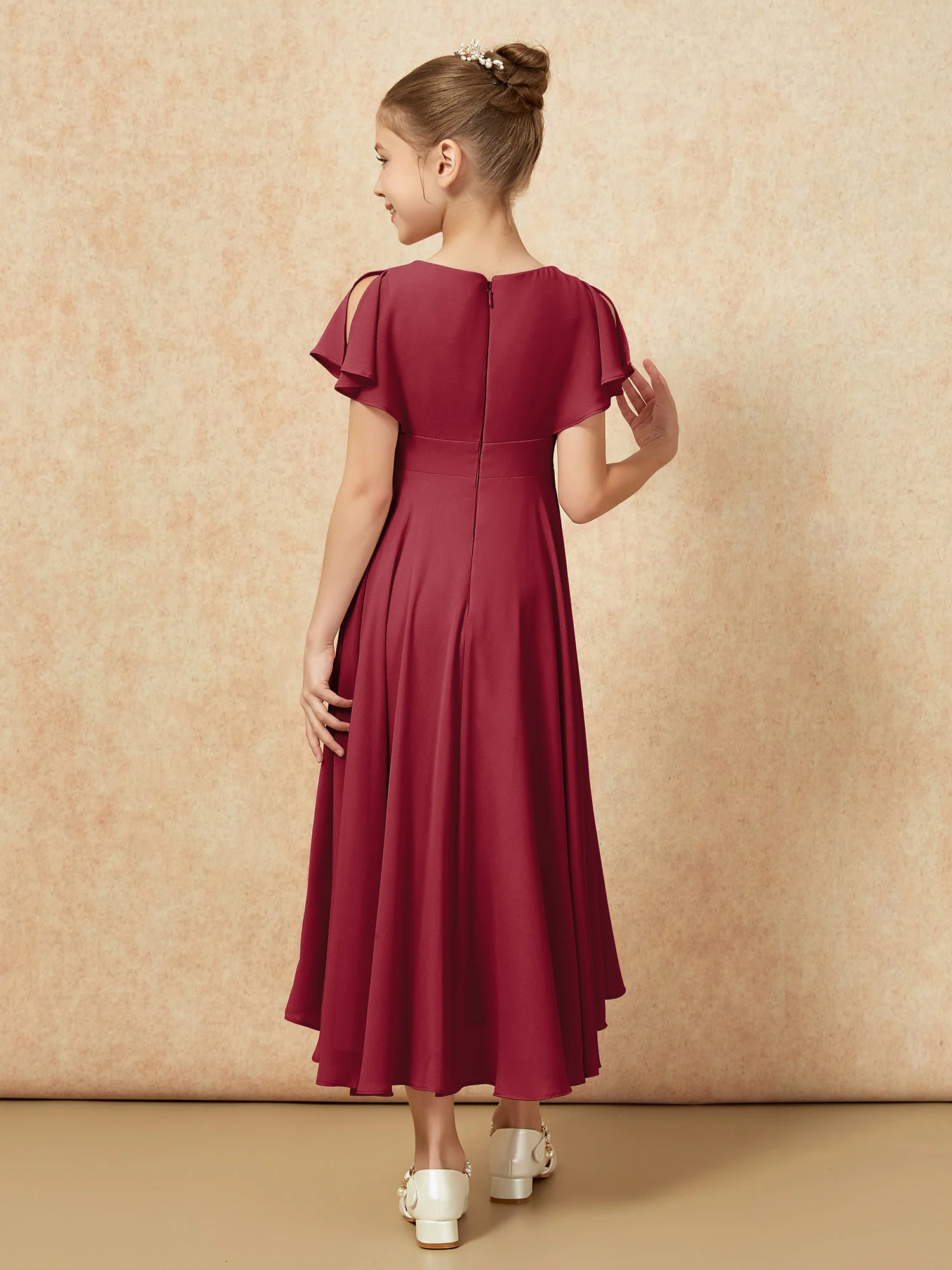 V-neck Chiffon Asymmetrical Junior Bridesmaid Dresses Burgundy - Image 2