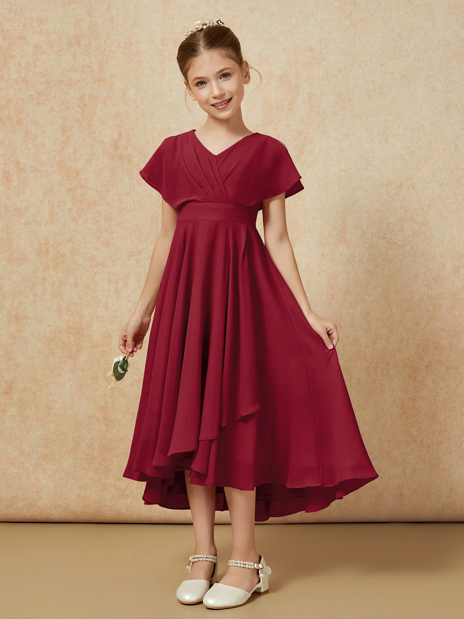 V-neck Chiffon Asymmetrical Junior Bridesmaid Dresses Burgundy - Image 5