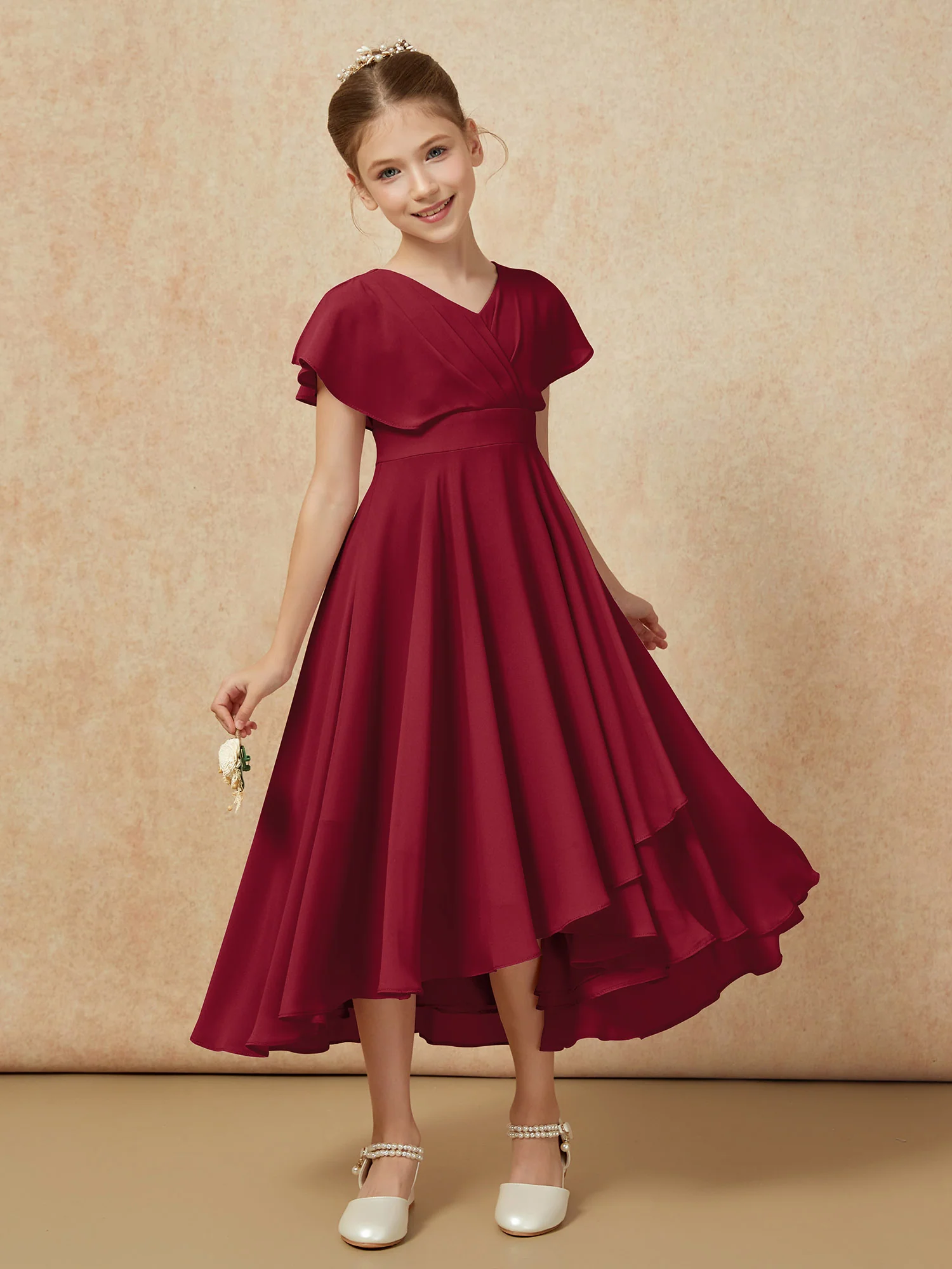 V-neck Chiffon Asymmetrical Junior Bridesmaid Dresses Burgundy - Image 6