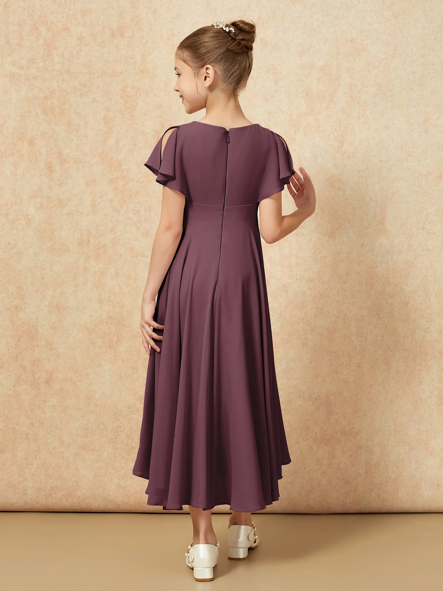 V-neck Chiffon Asymmetrical Junior Bridesmaid Dresses Cabernet - Image 2
