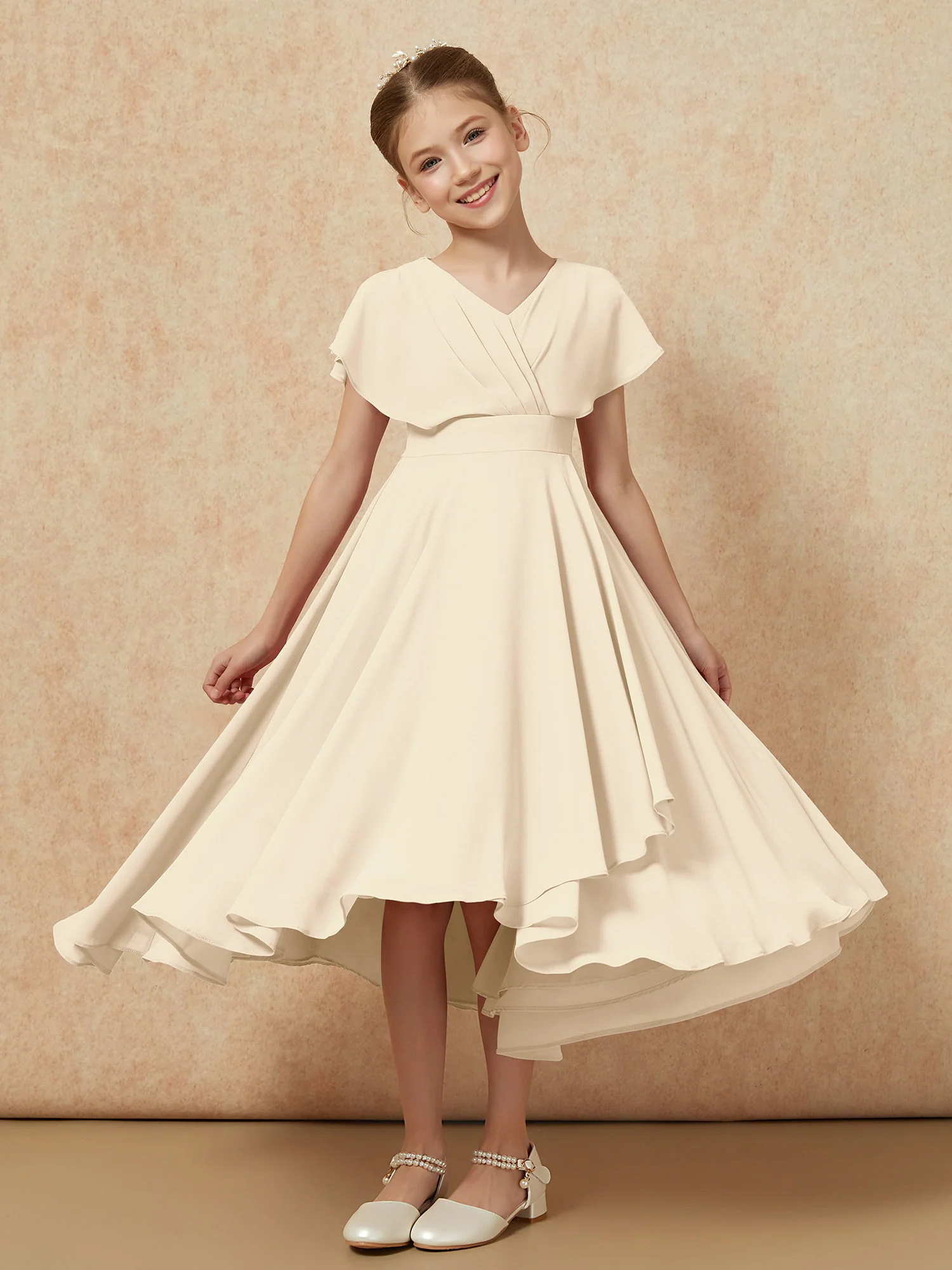 V-neck Chiffon Asymmetrical Junior Bridesmaid Dresses Champagne
