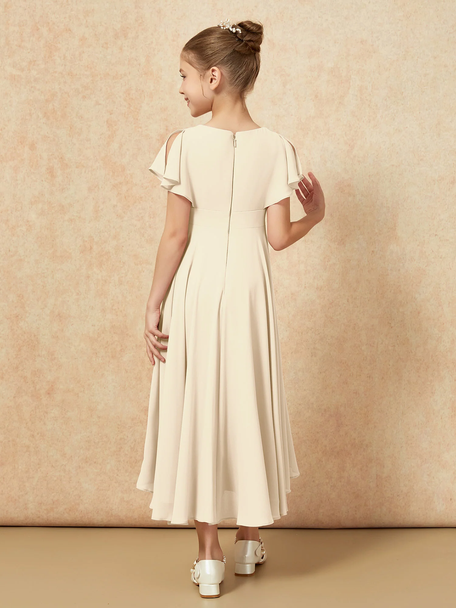 V-neck Chiffon Asymmetrical Junior Bridesmaid Dresses Champagne - Image 2