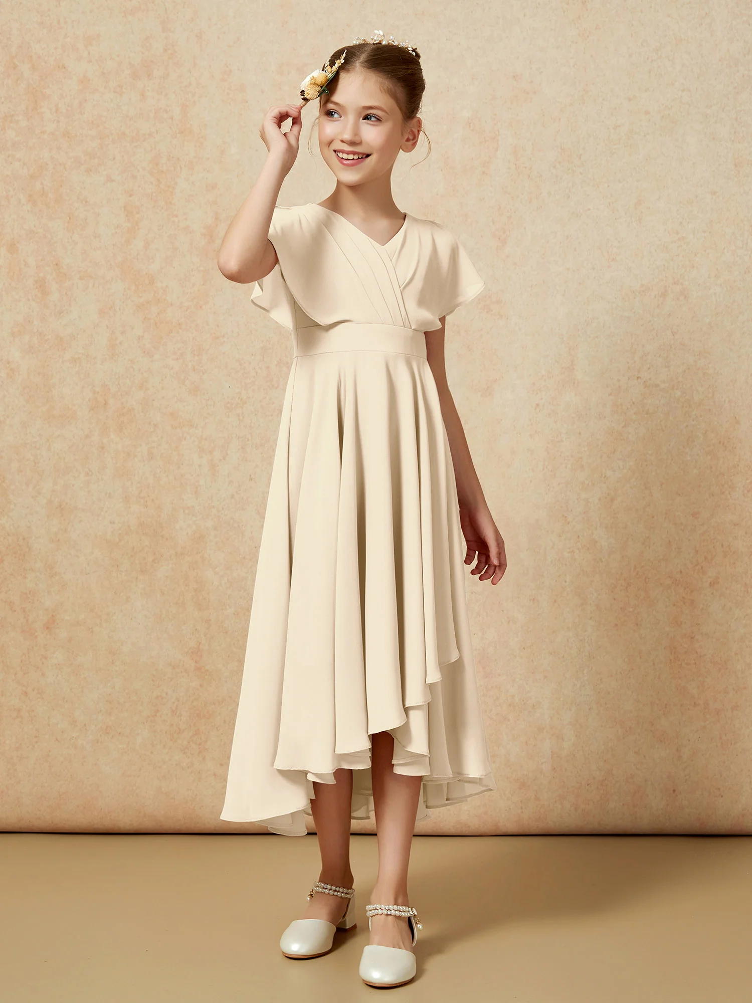 V-neck Chiffon Asymmetrical Junior Bridesmaid Dresses Champagne - Image 3