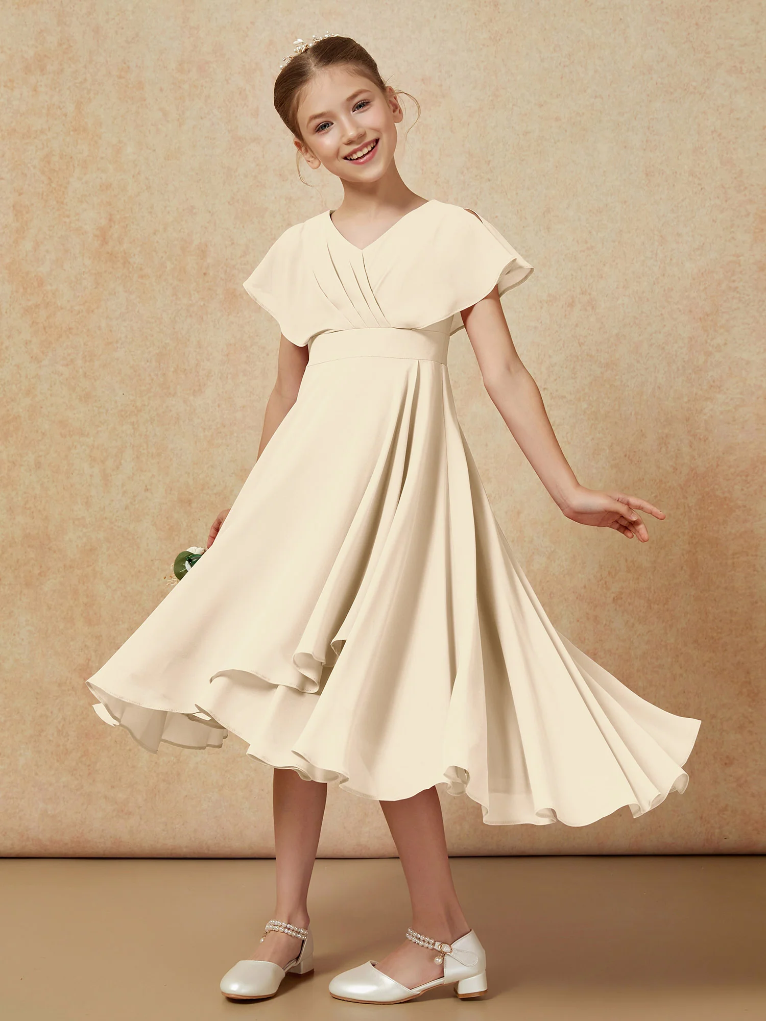 V-neck Chiffon Asymmetrical Junior Bridesmaid Dresses Champagne - Image 4