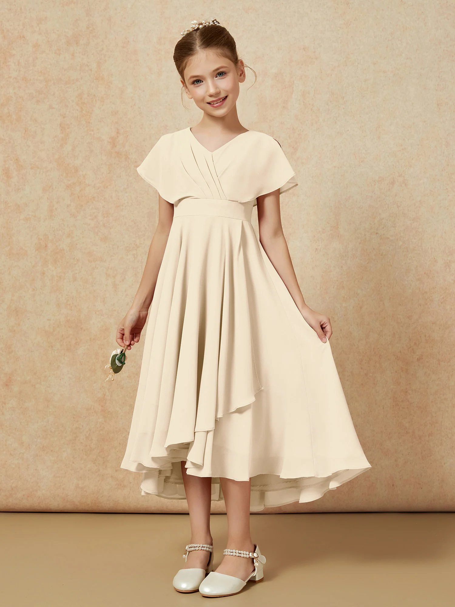 V-neck Chiffon Asymmetrical Junior Bridesmaid Dresses Champagne - Image 5