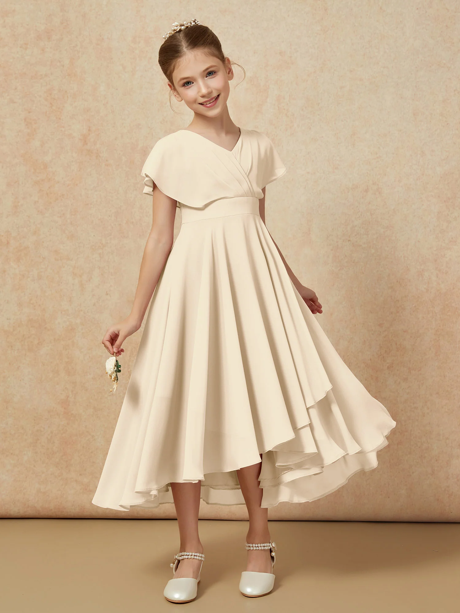 V-neck Chiffon Asymmetrical Junior Bridesmaid Dresses Champagne - Image 6