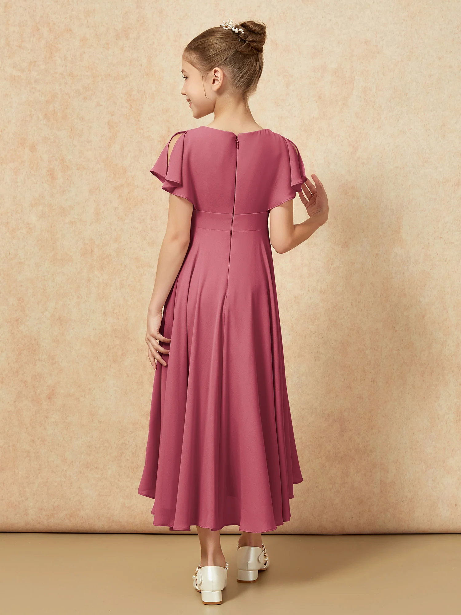 V-neck Chiffon Asymmetrical Junior Bridesmaid Dresses Cinnamon Rose - Image 2