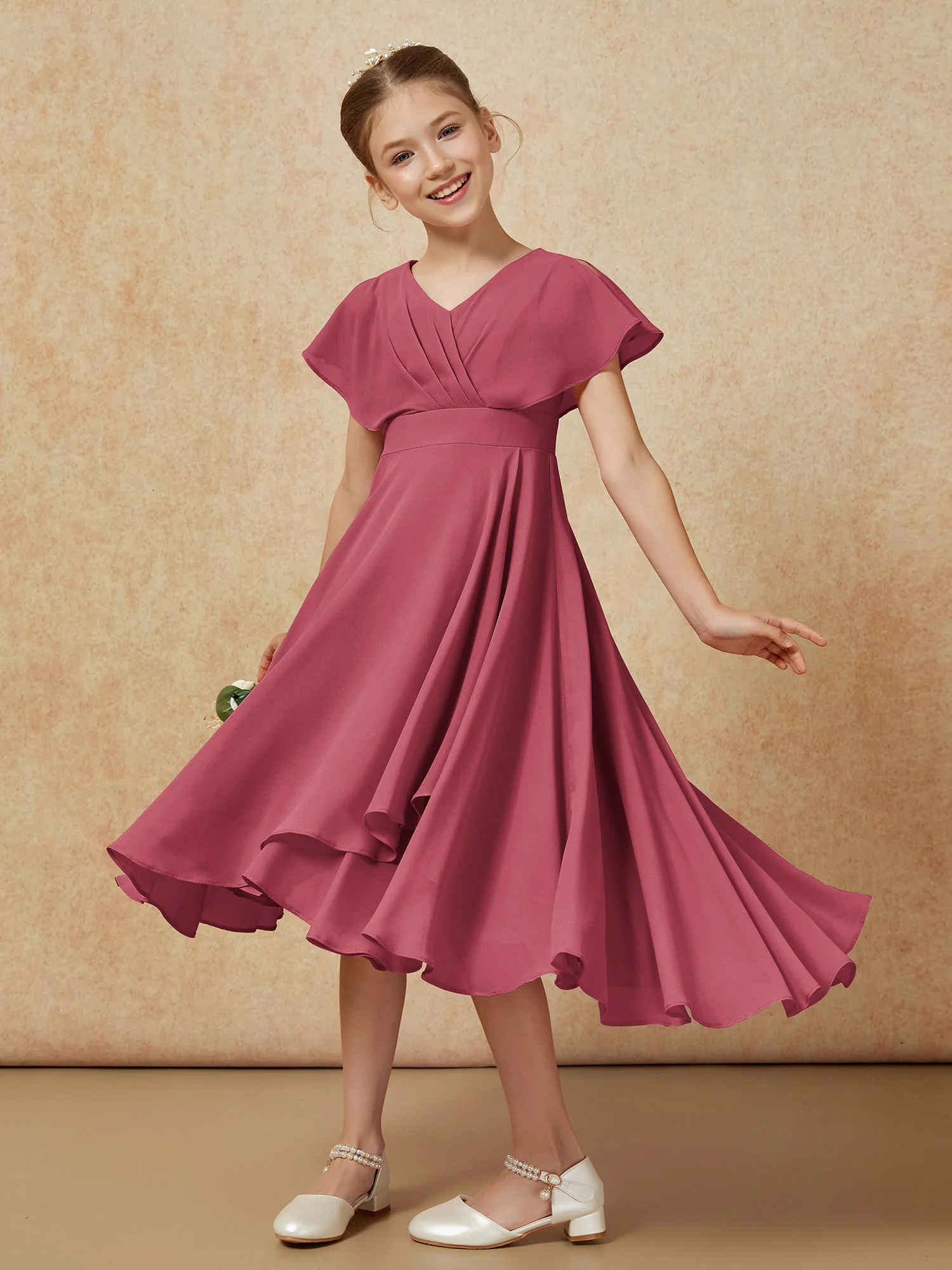 V-neck Chiffon Asymmetrical Junior Bridesmaid Dresses Cinnamon Rose - Image 4